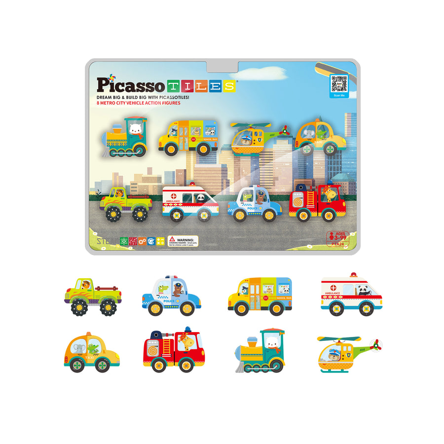PicassoTiles Magnet Building Blocks Metro City 8 Vehicle  Action Figures