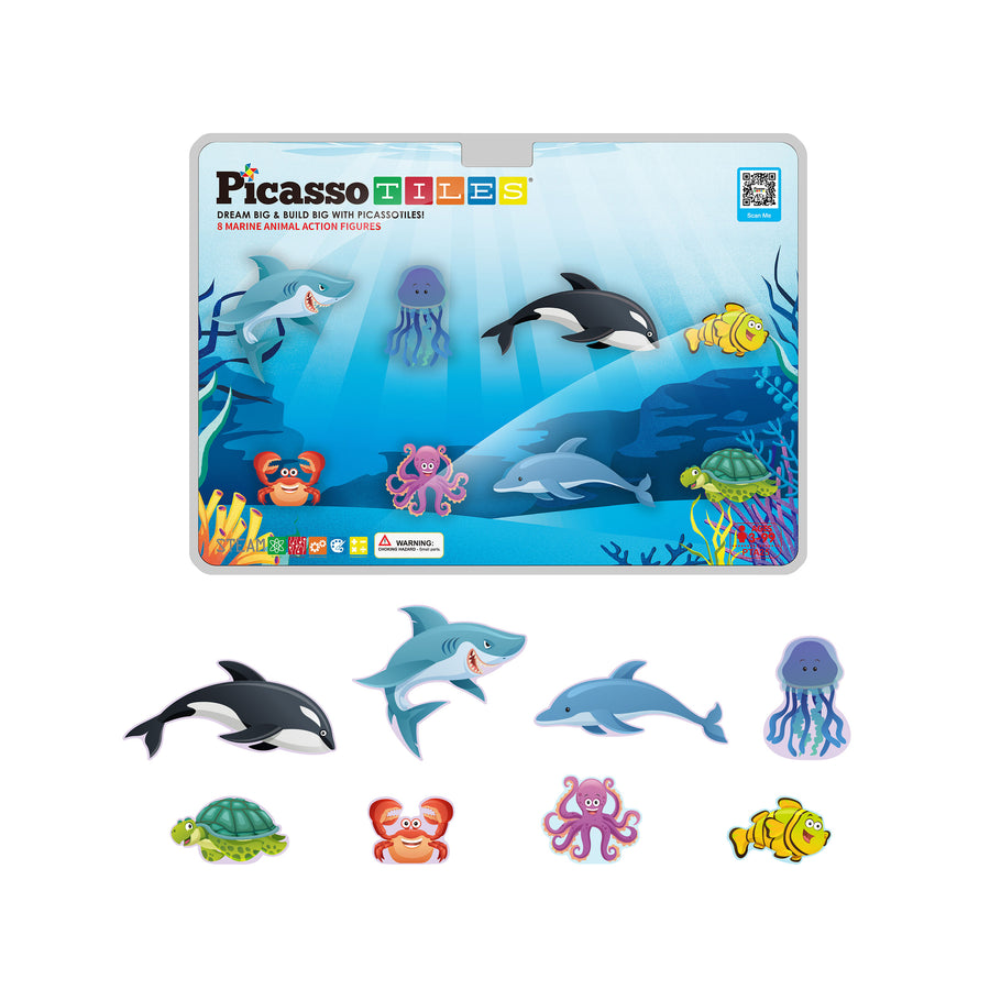 PicassoTiles Magnet Tile Building Blocks 8 Marine Animal Action Figures