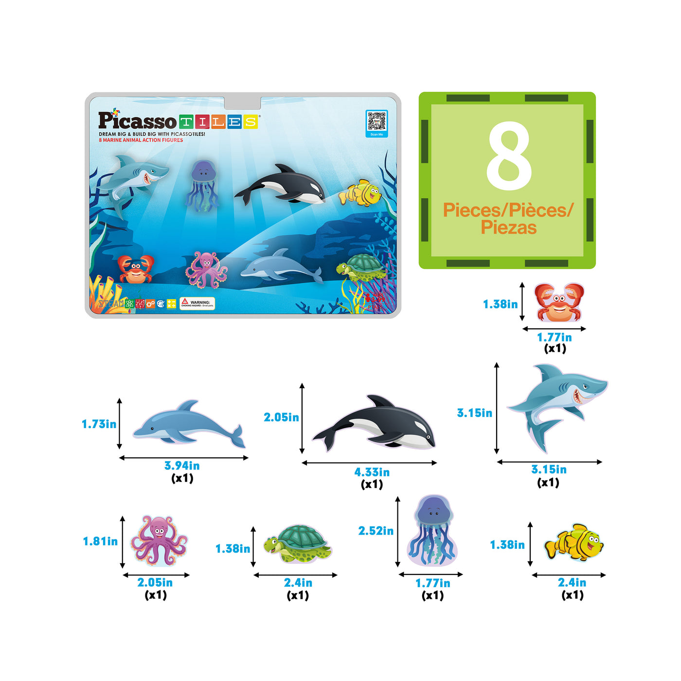 PicassoTiles Magnet Tile Building Blocks 8 Marine Animal Action Figures