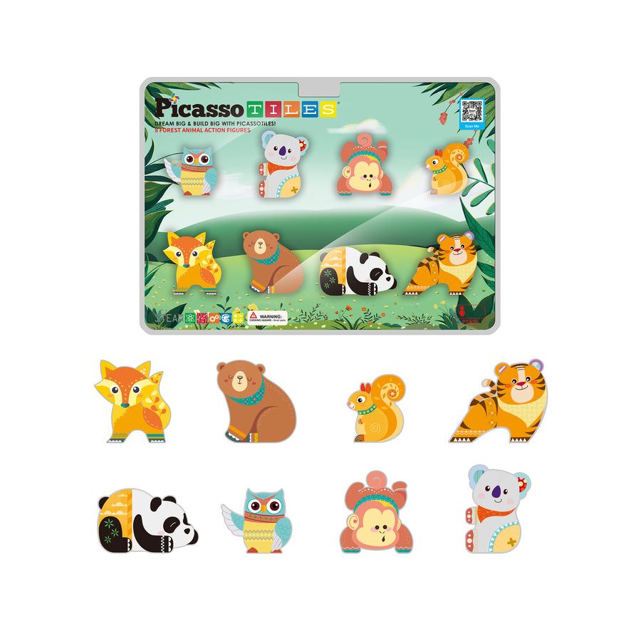 PicassoTiles Magnet Tile Building Blocks 8 Forest Animal Action Figures