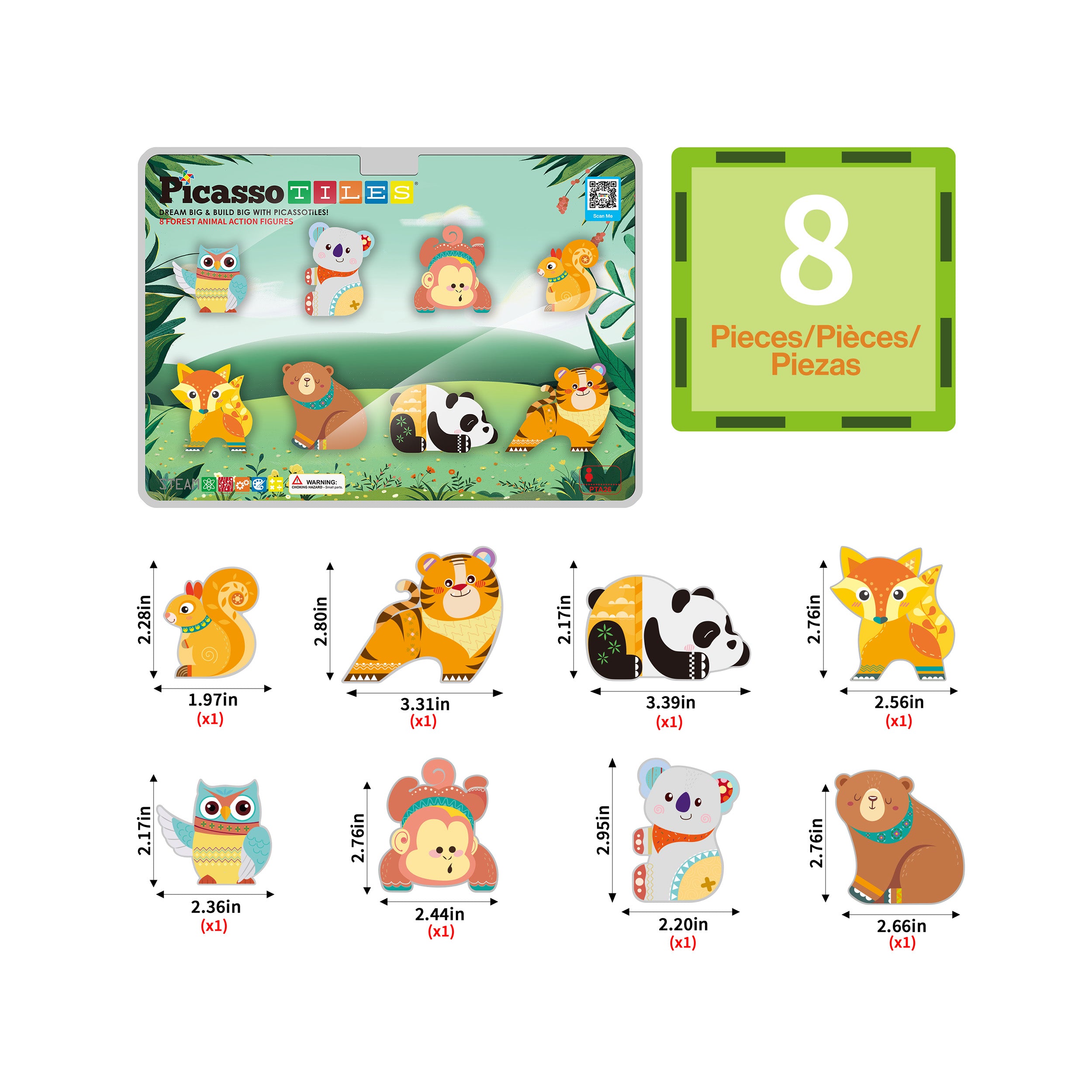 PicassoTiles Magnet Tile Building Blocks 8 Forest Animal Action Figures
