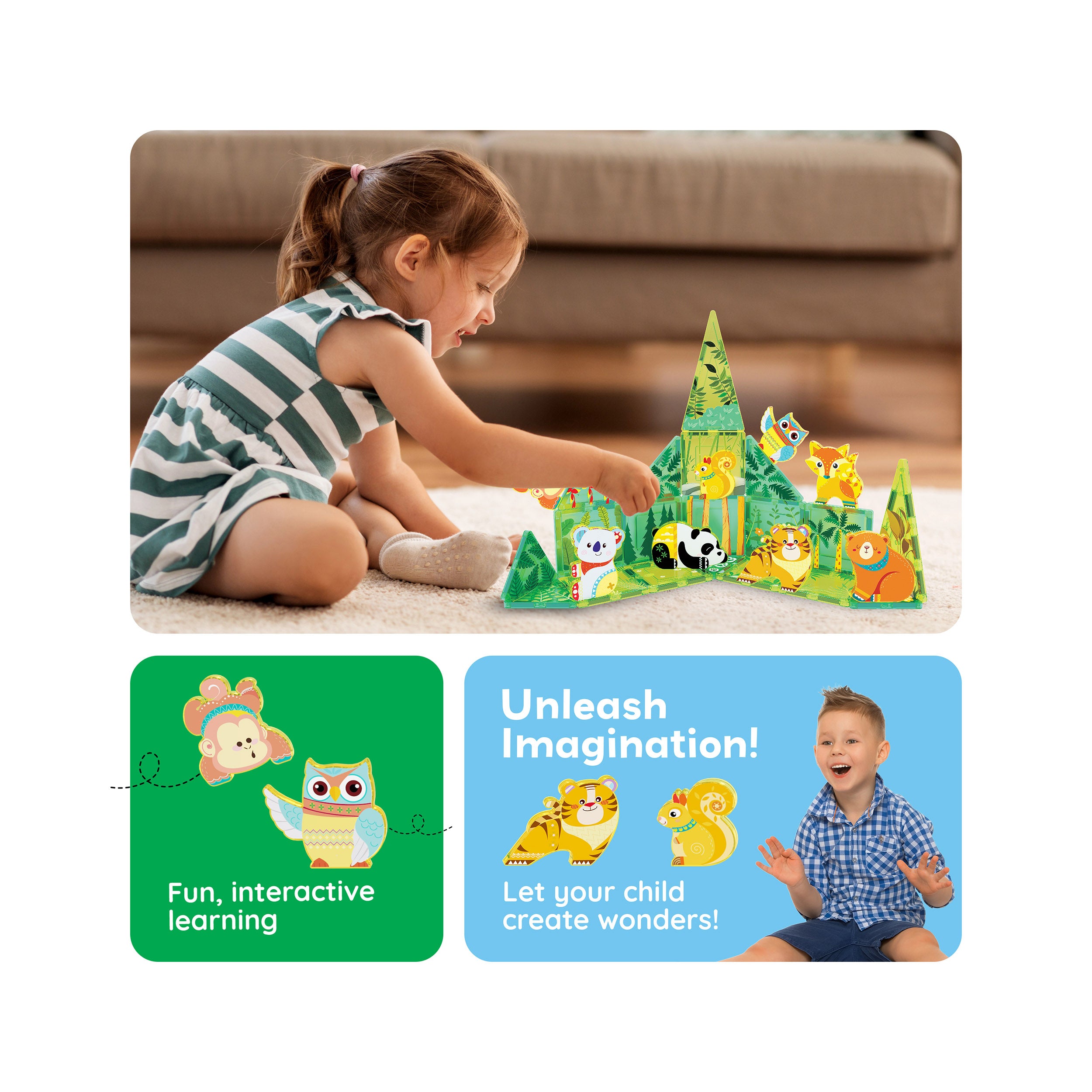 PicassoTiles Magnet Tile Building Blocks 8 Forest Animal Action Figures