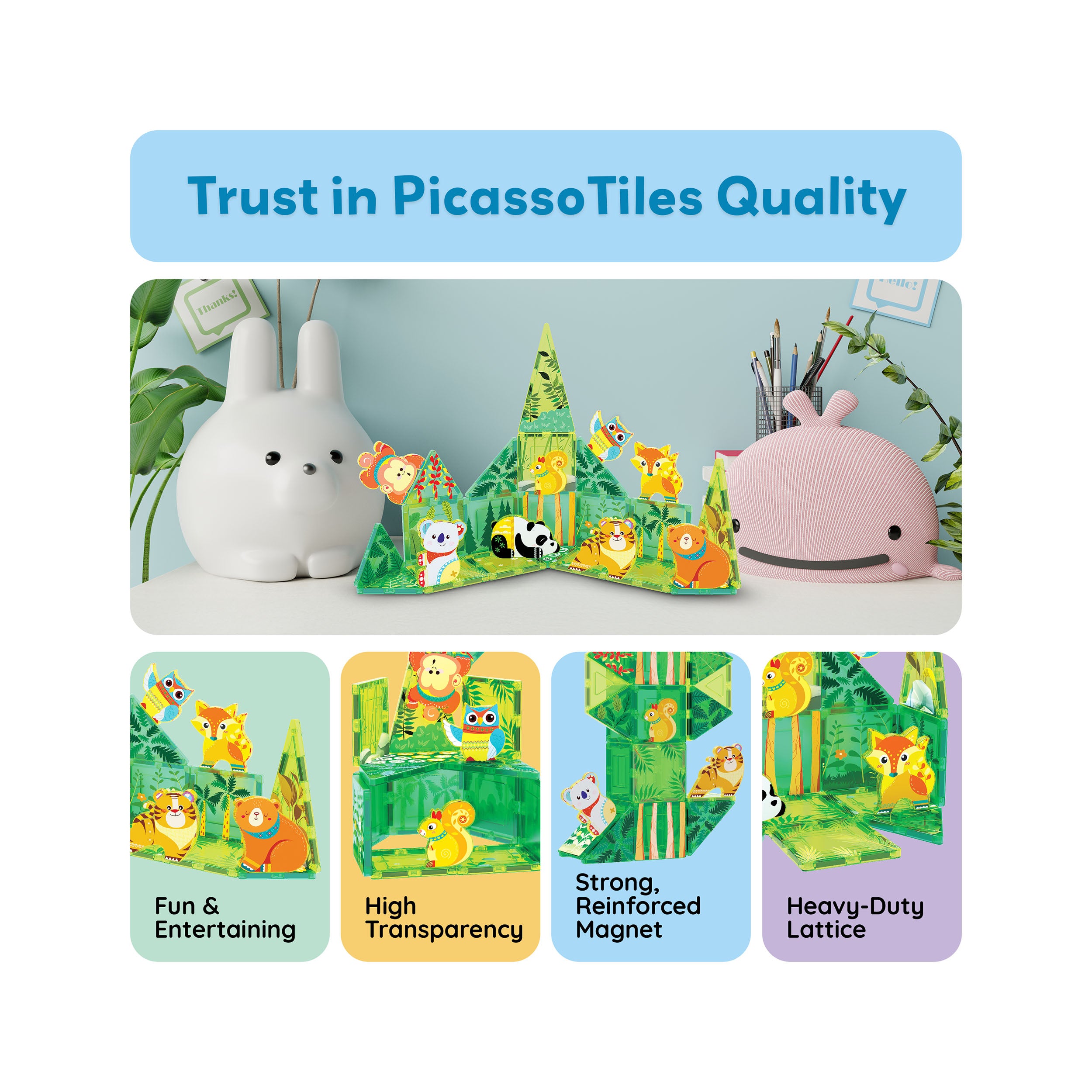 PicassoTiles Magnet Tile Building Blocks 8 Forest Animal Action Figures