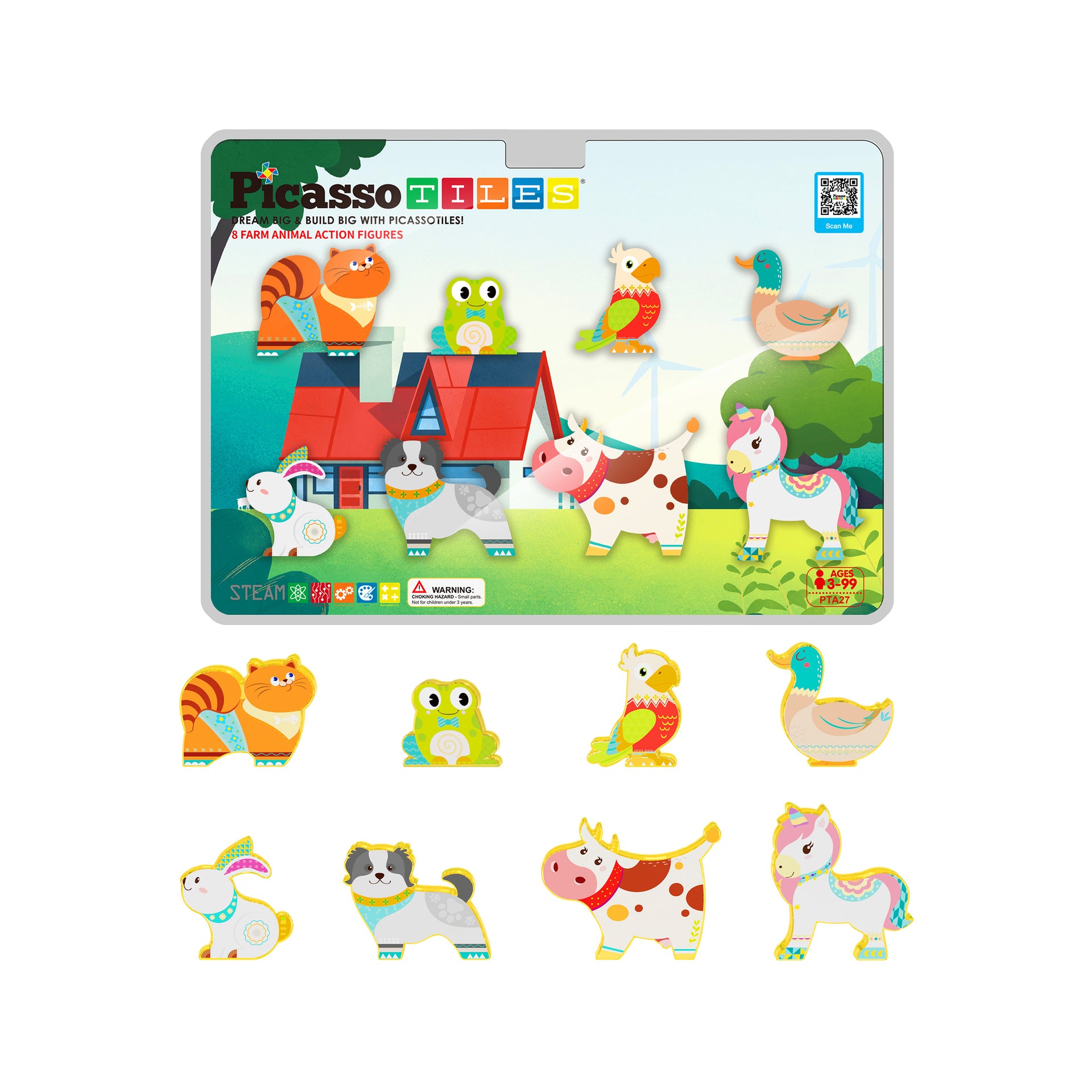 PicassoTiles 8pc Magnet Tile Building Blocks Farm Animal Action Figures
