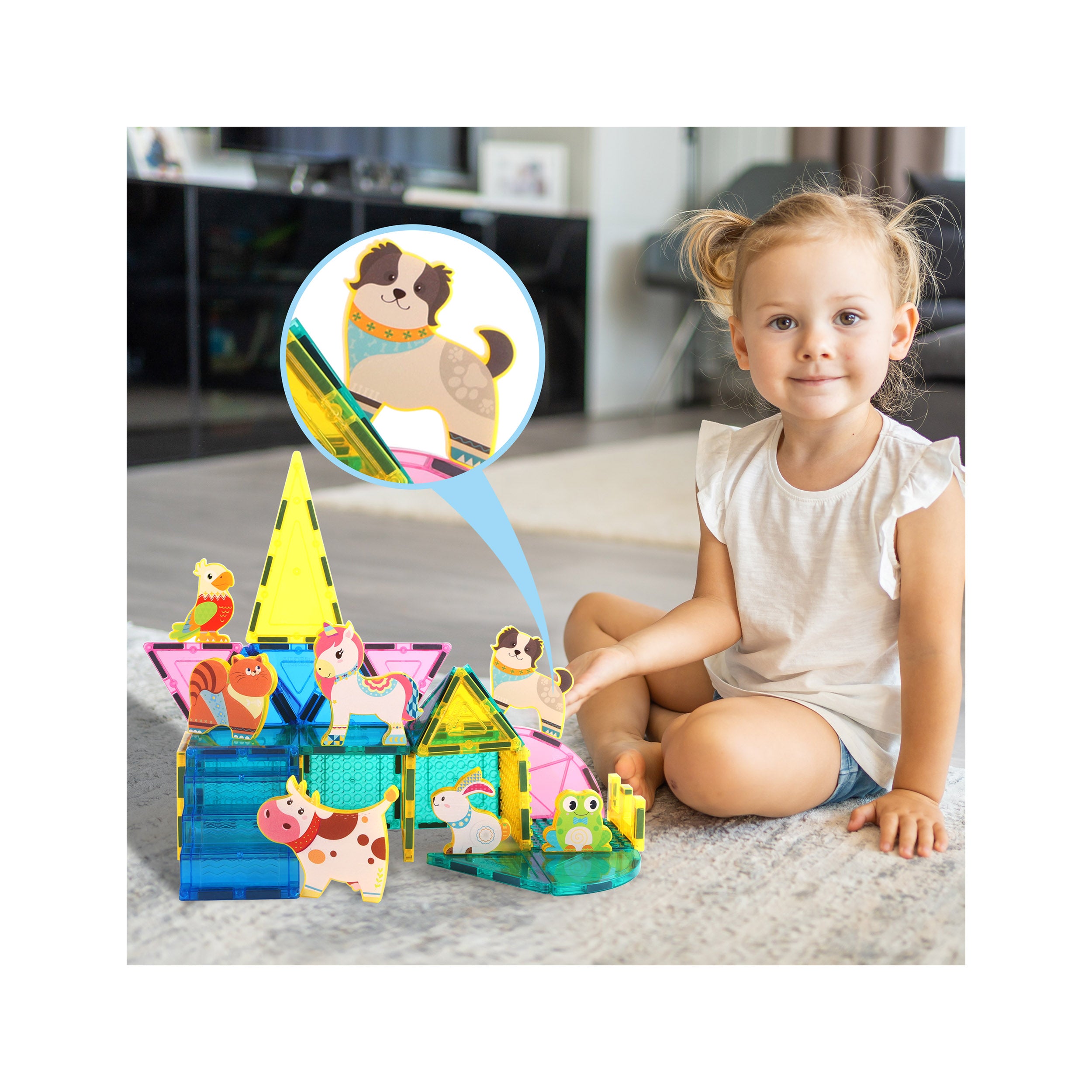 PicassoTiles 8pc Magnet Tile Building Blocks Farm Animal Action Figures