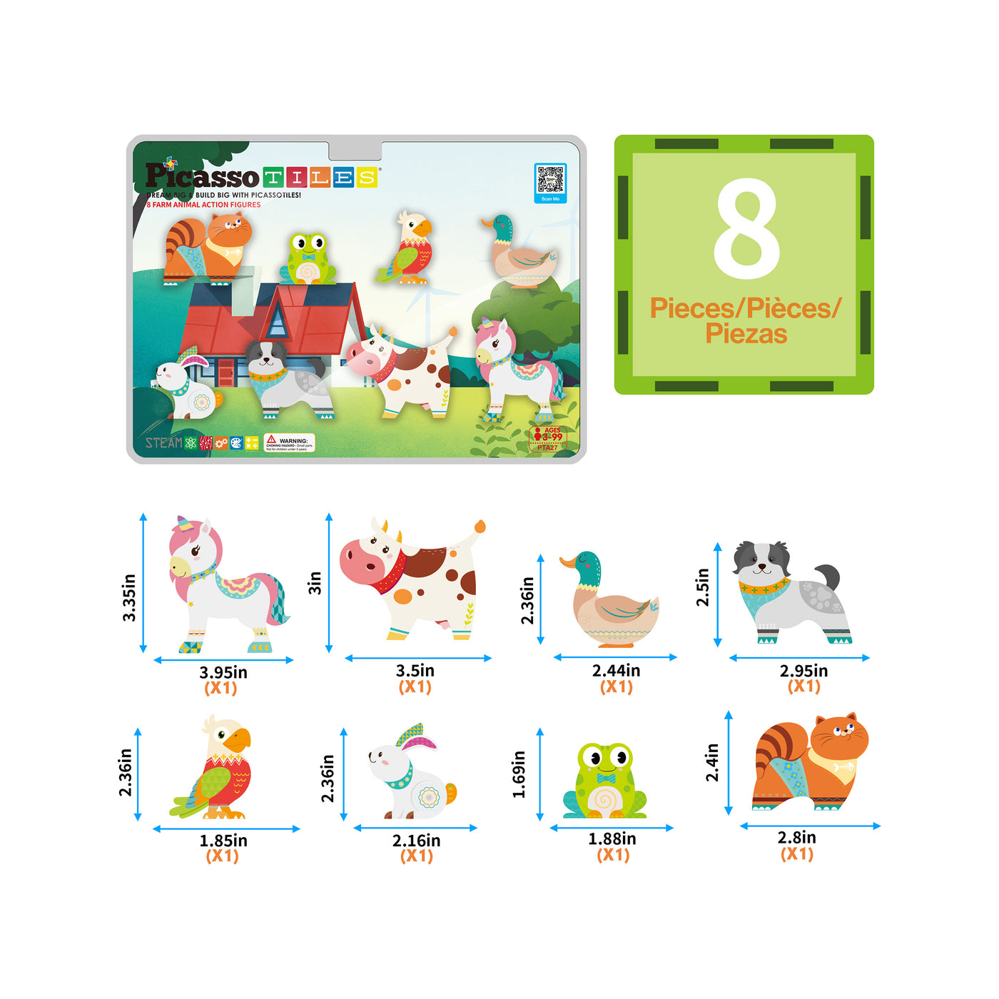 PicassoTiles 8pc Magnet Tile Building Blocks Farm Animal Action Figures