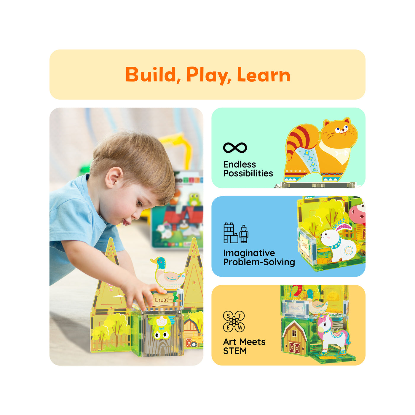 PicassoTiles 8pc Magnet Tile Building Blocks Farm Animal Action Figures