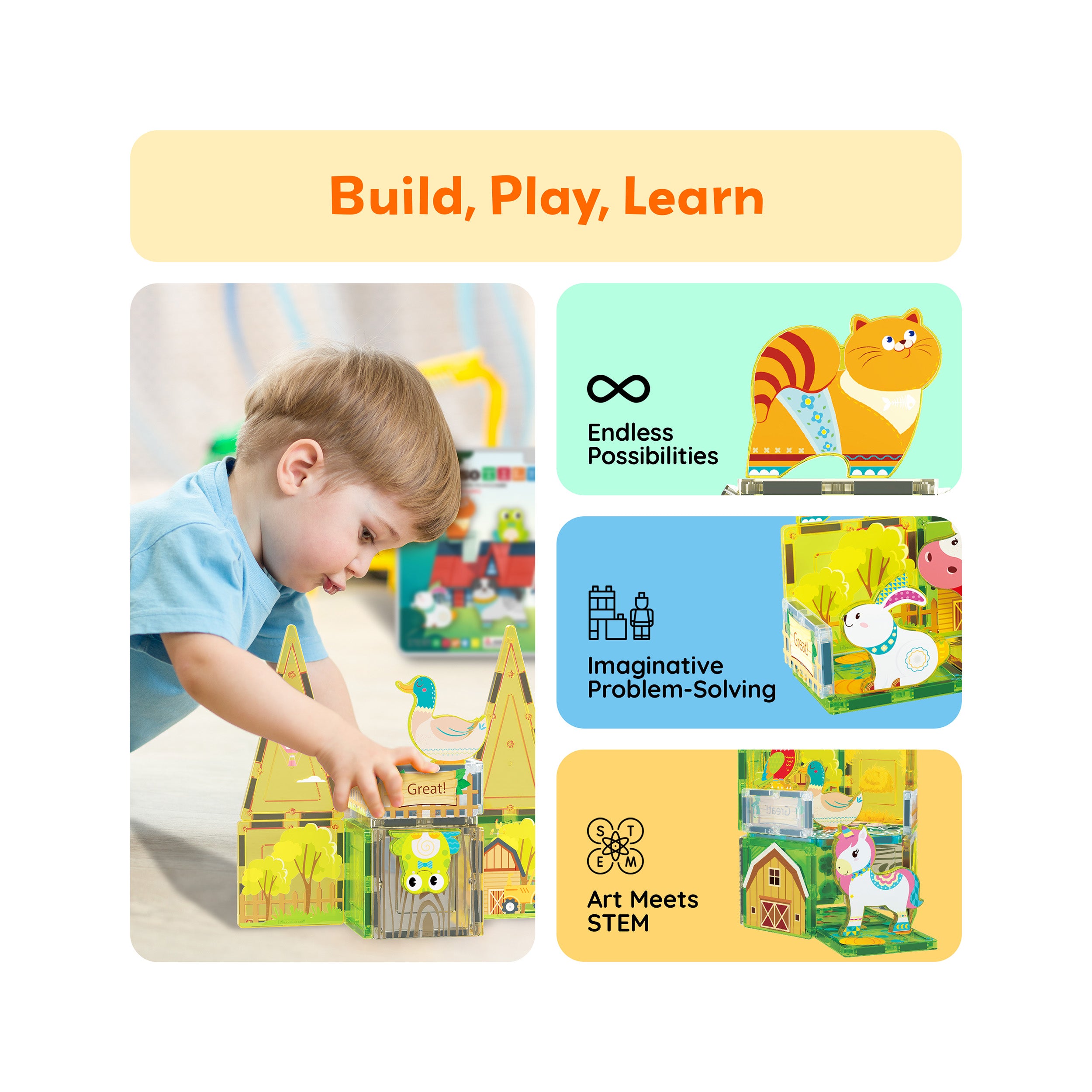 PicassoTiles 8pc Magnet Tile Building Blocks Farm Animal Action Figures