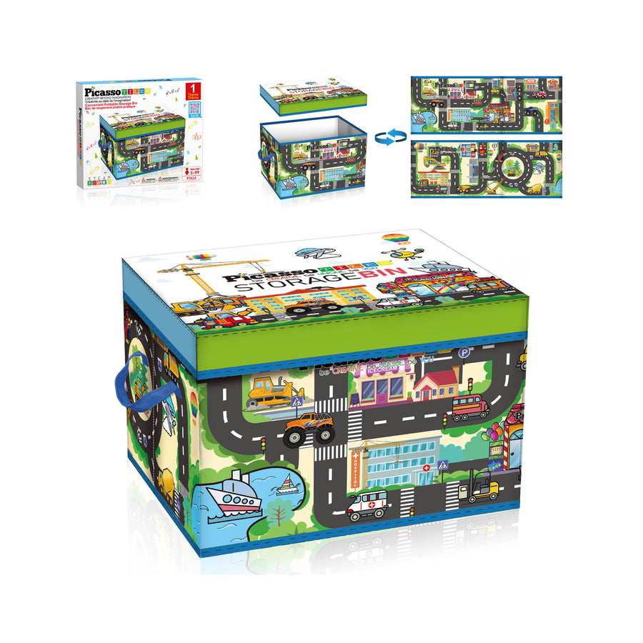 PicassoTiles Magnet Tile Toy Organizer: City Theme Storage Bin with Lid & Handles
