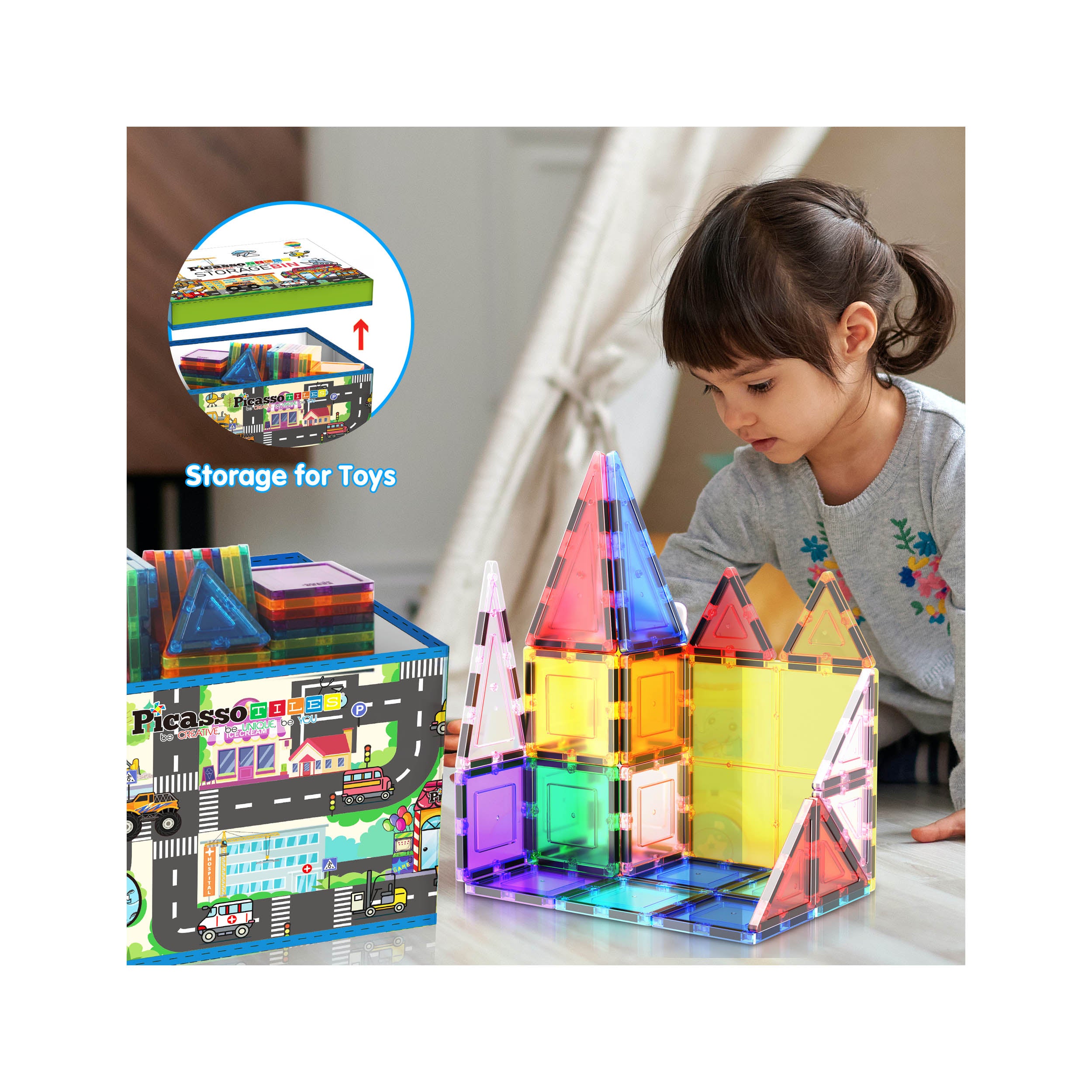 PicassoTiles Magnet Tile Toy Organizer: City Theme Storage Bin with Lid & Handles