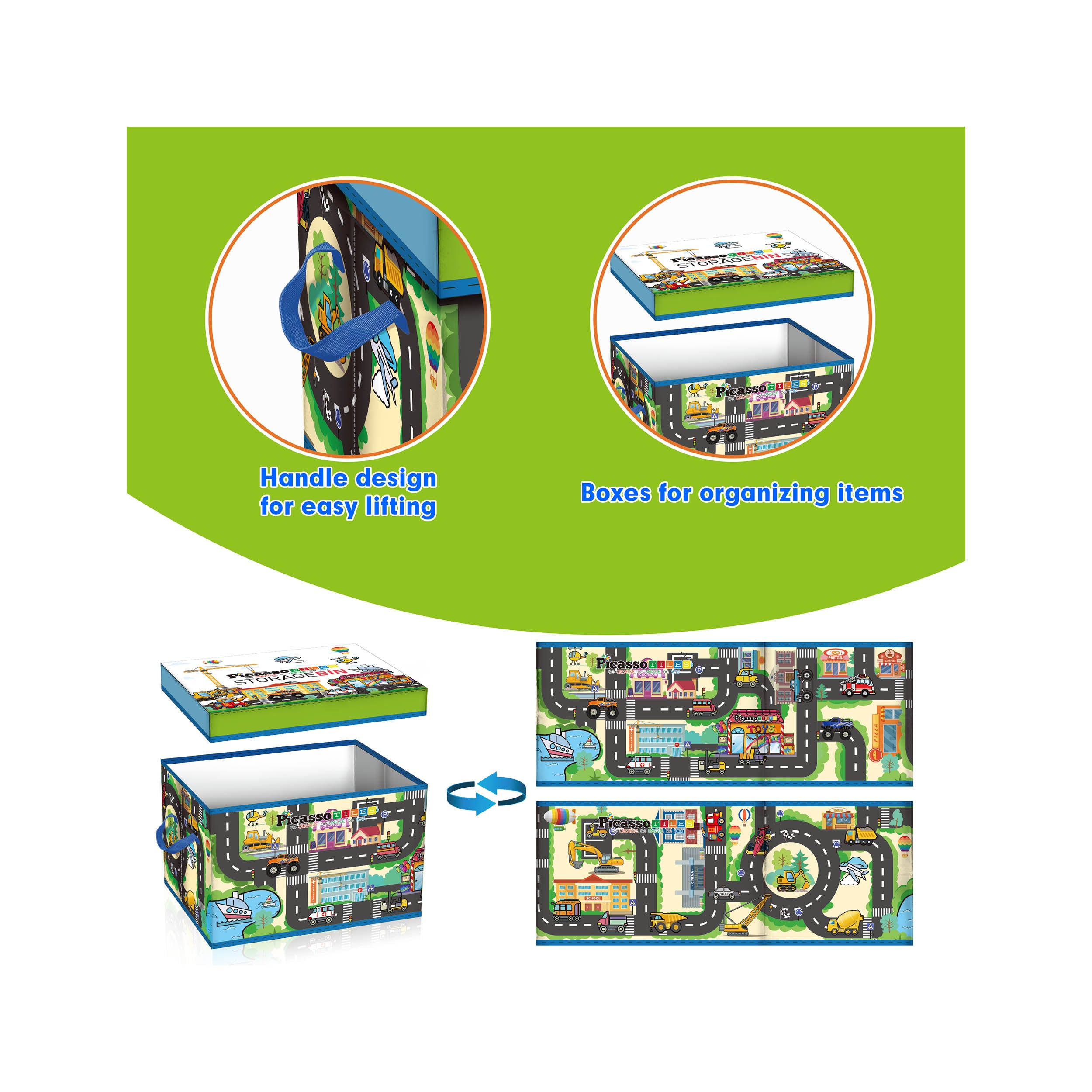 PicassoTiles Magnet Tile Toy Organizer: City Theme Storage Bin with Lid & Handles
