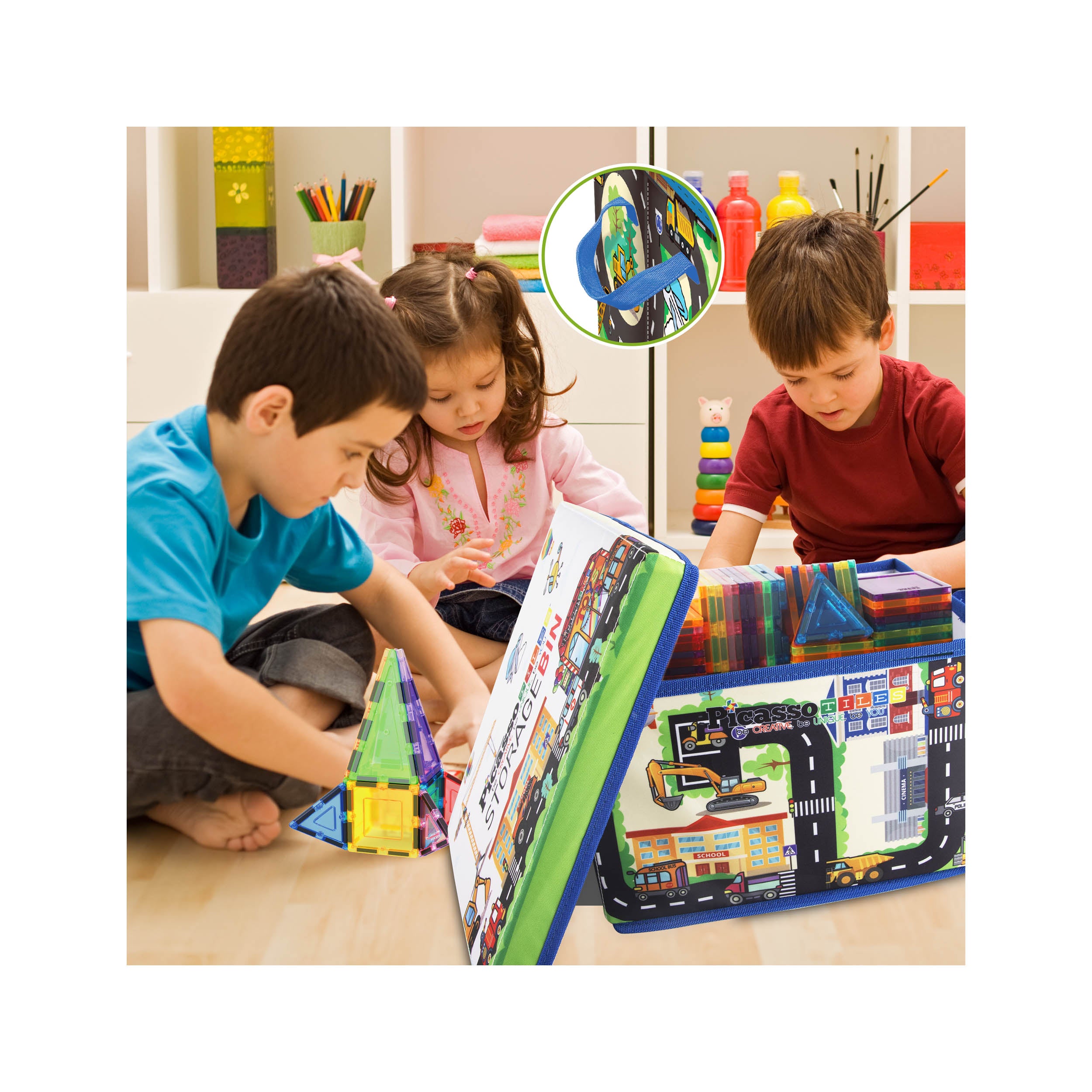 PicassoTiles Magnet Tile Toy Organizer: City Theme Storage Bin with Lid & Handles