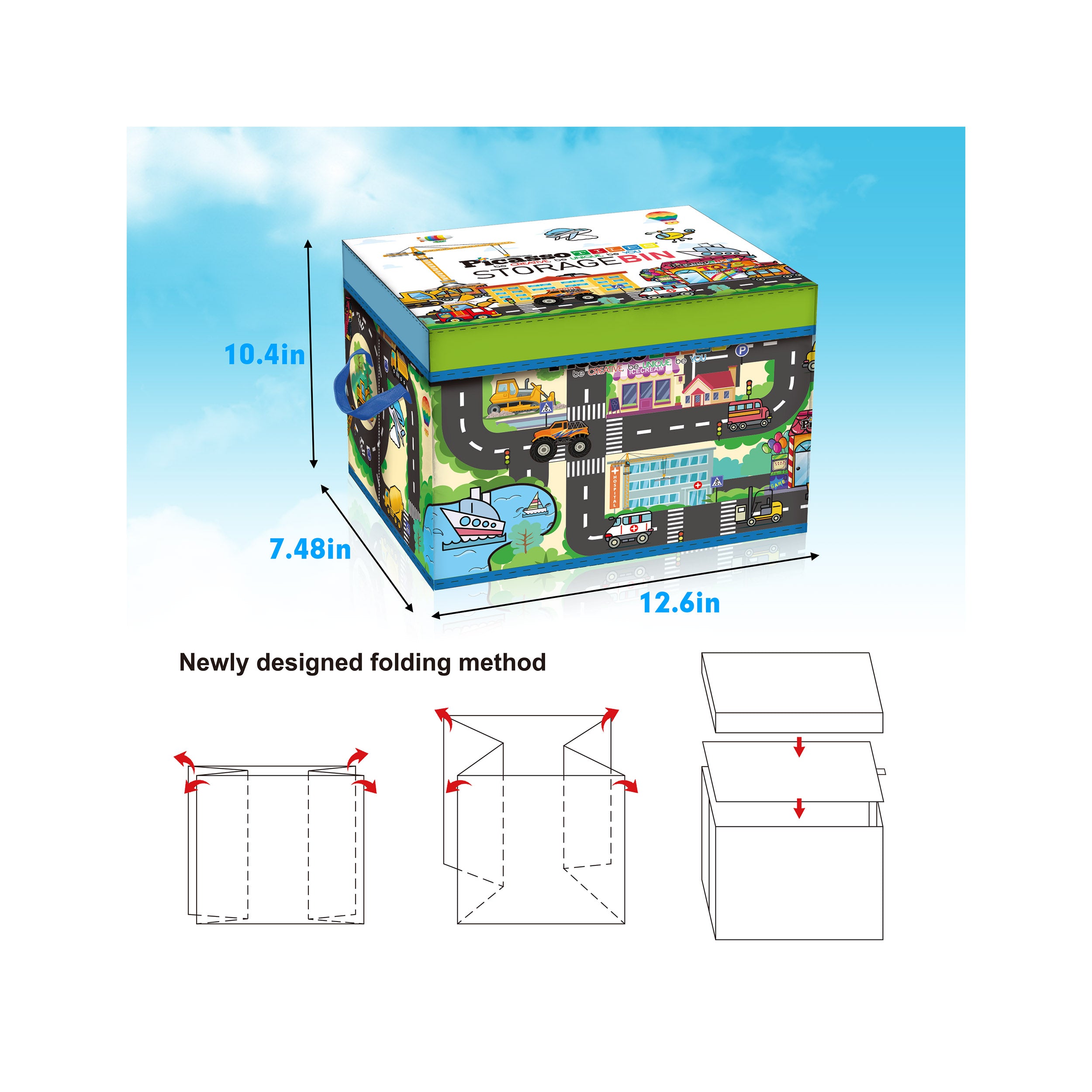 PicassoTiles Magnet Tile Toy Organizer: City Theme Storage Bin with Lid & Handles