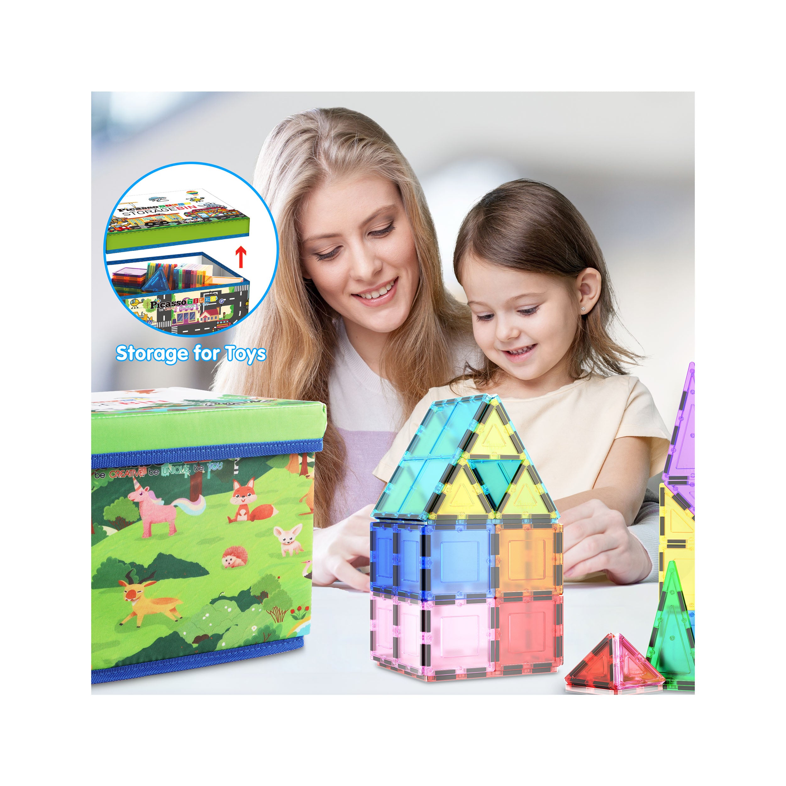 PicassoTiles Magnet Tile Toy Organizer: Forest Theme Storage Bin with Lid & Handles