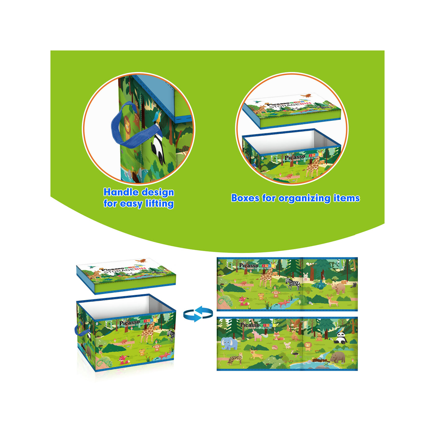 PicassoTiles Magnet Tile Toy Organizer: Forest Theme Storage Bin with Lid & Handles