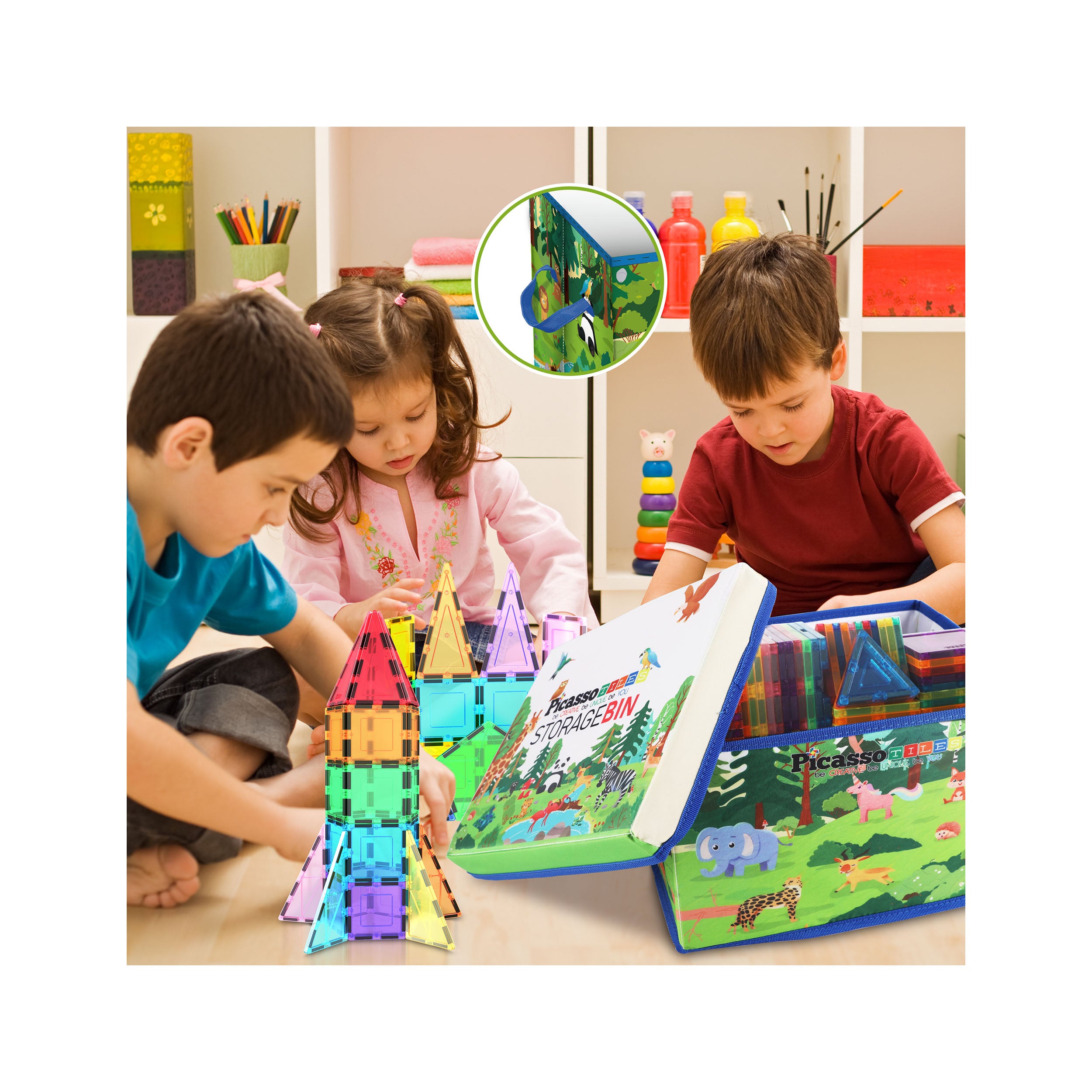 PicassoTiles Magnet Tile Toy Organizer: Forest Theme Storage Bin with Lid & Handles
