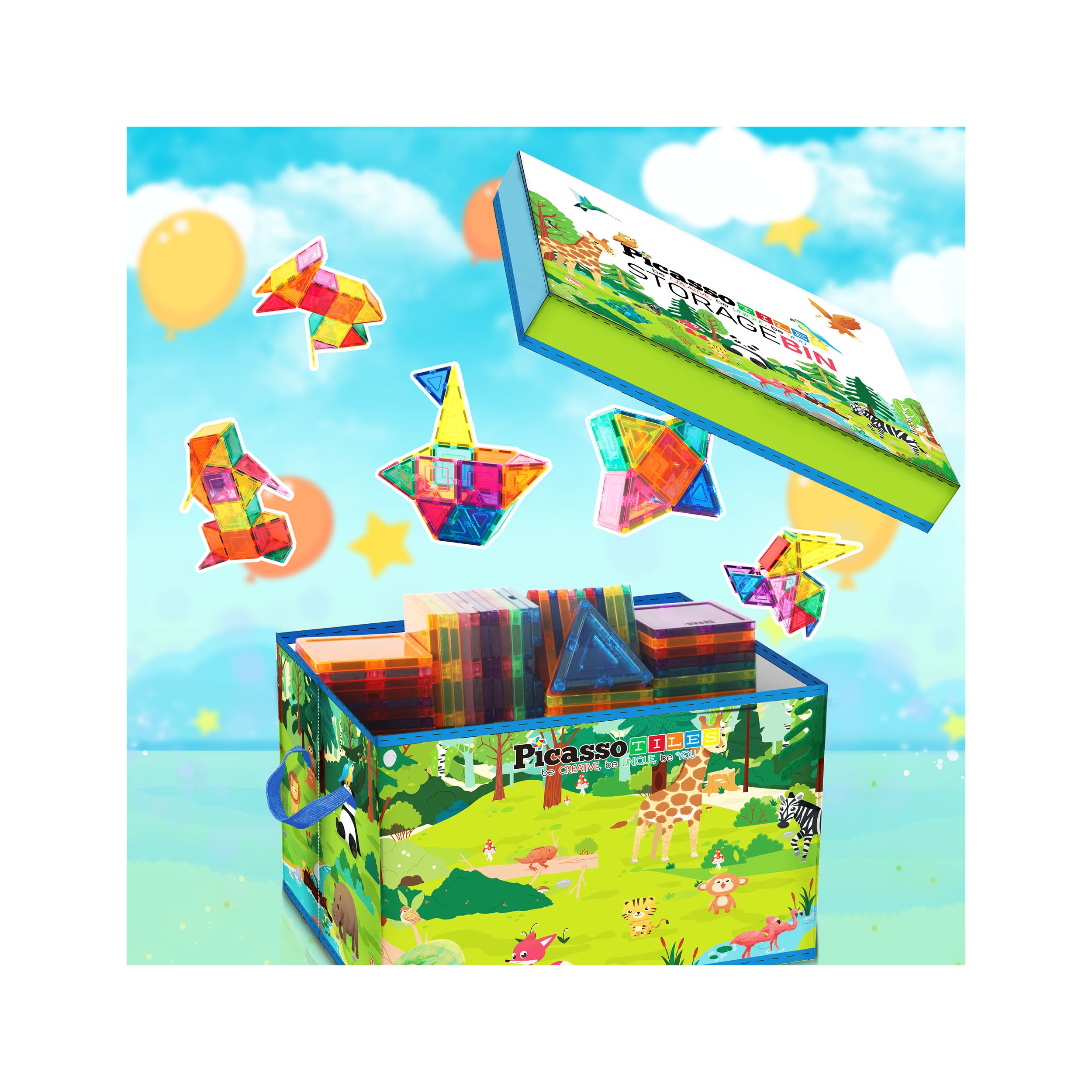 PicassoTiles Magnet Tile Toy Organizer: Forest Theme Storage Bin with Lid & Handles