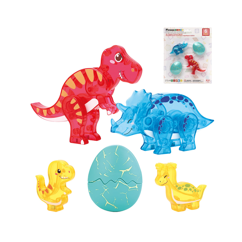 Translucent toy dinosaurs including red T-Rex, blue Triceratops, small yellow dinos, and a teal egg on white background.