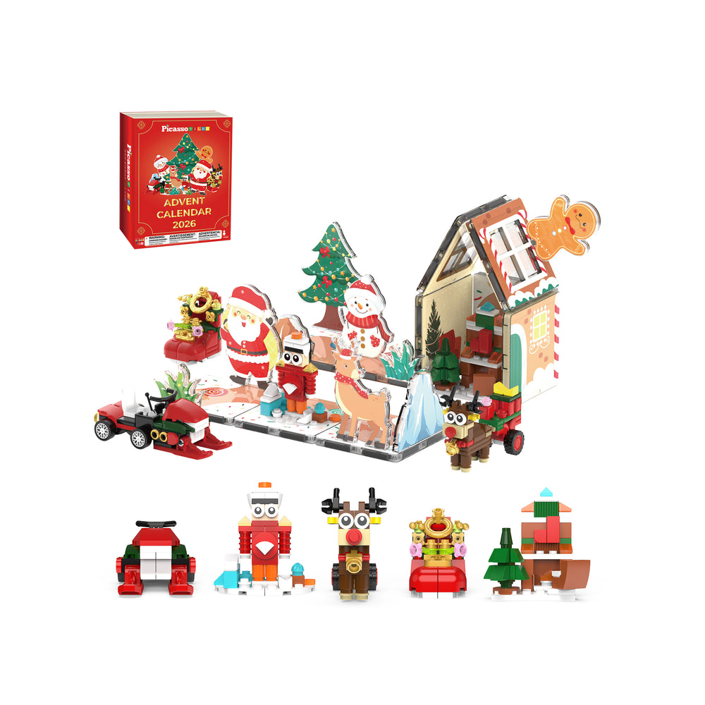 PicassoTiles Christmas Advent Calendar set showing a gingerbread house, Santa, reindeer, and various buildable holiday figures.