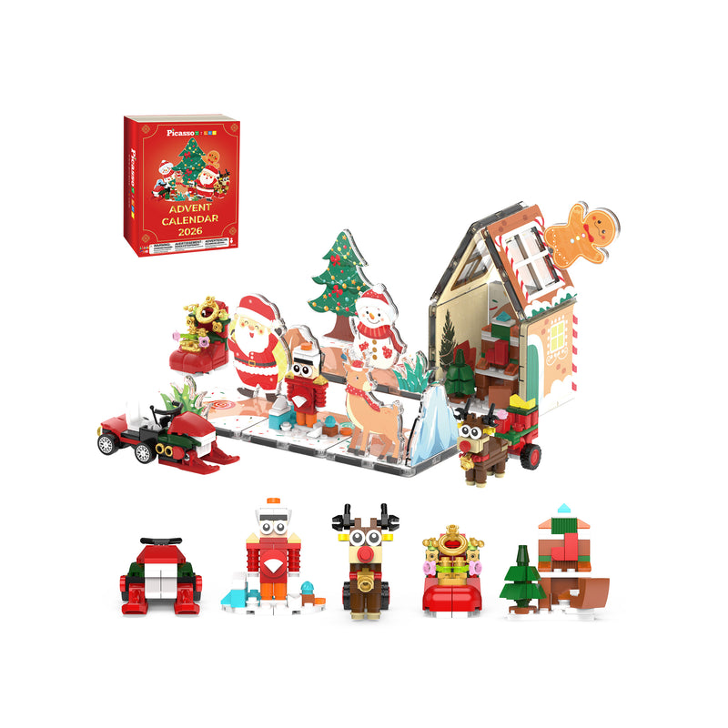 PicassoTiles Christmas Advent Calendar set showing a gingerbread house, Santa, reindeer, and various buildable holiday figures.