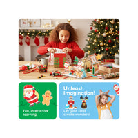 A young girl smiles as she opens a gift at a table surrounded by an assembled Christmas building play scene