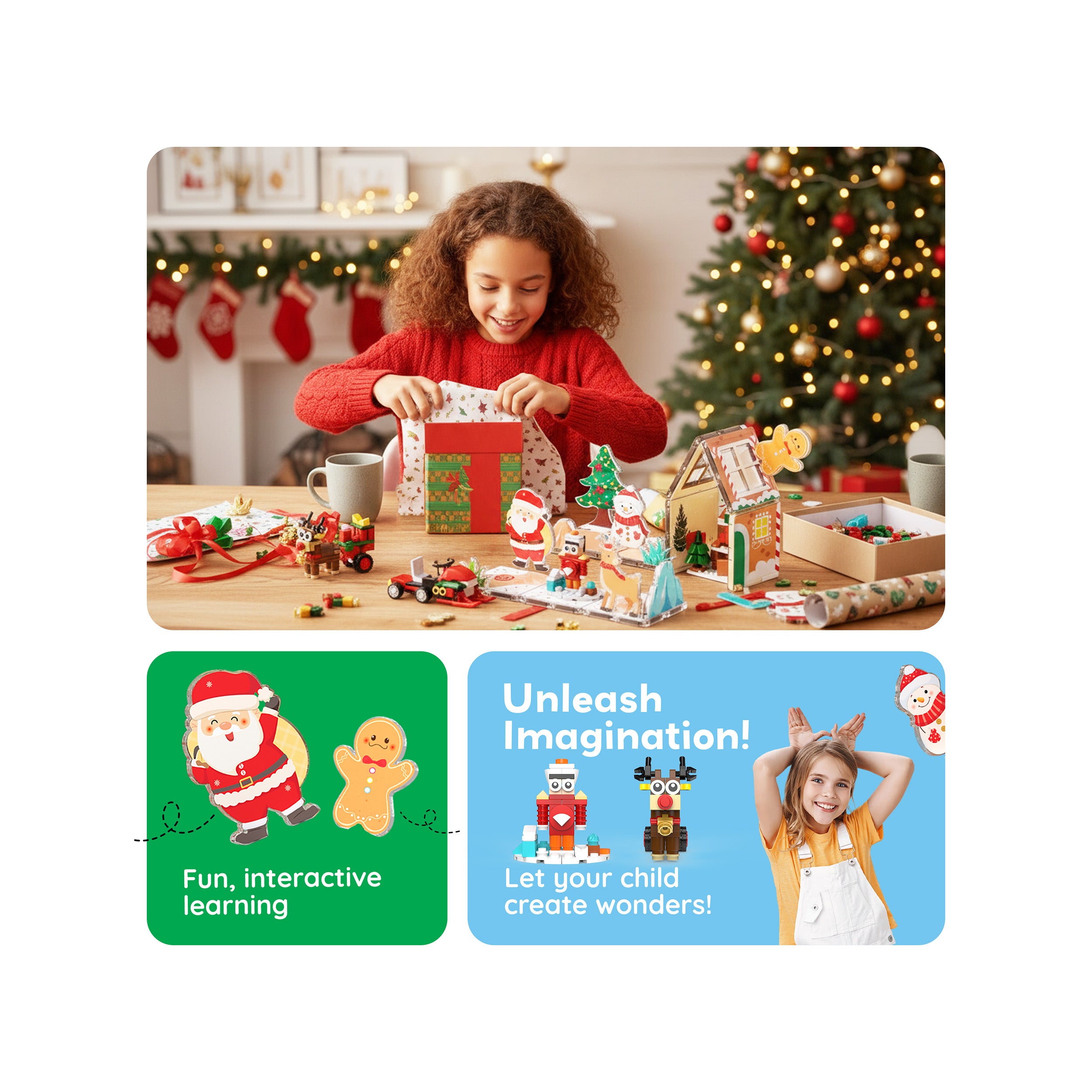 A young girl smiles as she opens a gift at a table surrounded by an assembled Christmas building play scene