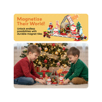 "Magnetize Their World! Unlock endless possibilities with durable magnet tiles" next to a festive winter village setup.
