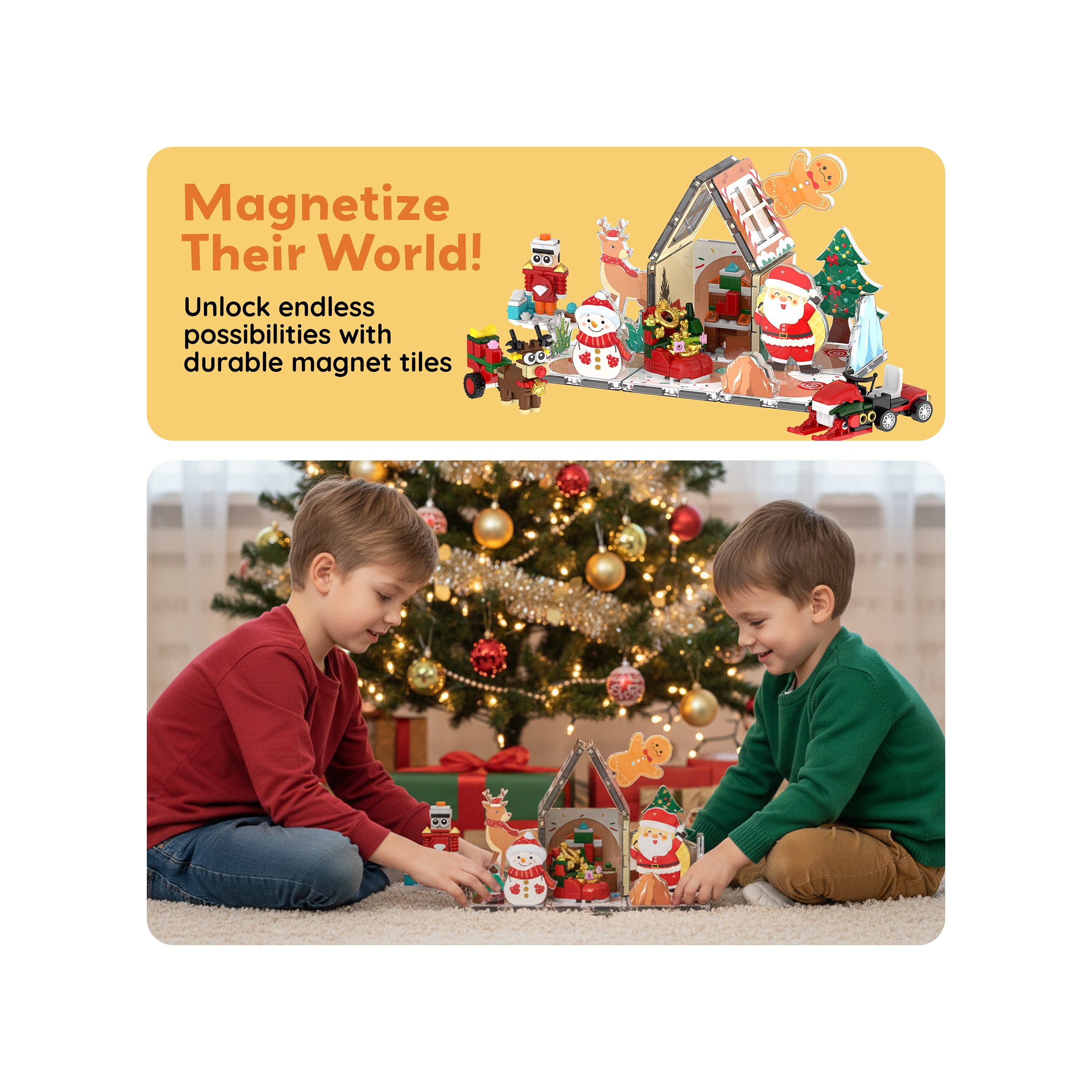"Magnetize Their World! Unlock endless possibilities with durable magnet tiles" next to a festive winter village setup.