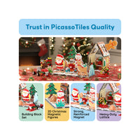 Assembled Christmas play scene on a festive tablecloth under a string of lights.