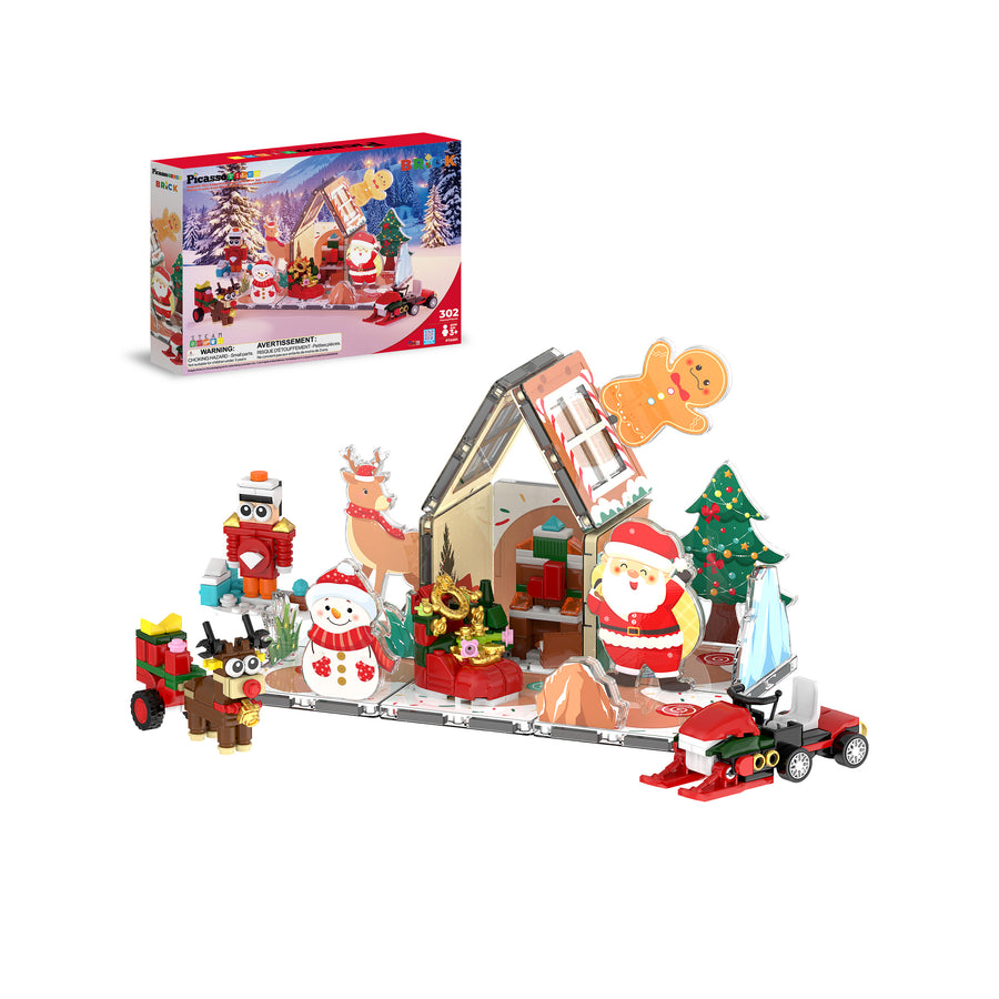 PicassoTiles magnetic Christmas gingerbread house set with Santa, snowman, reindeer figures, and packaging box.   
PNG
