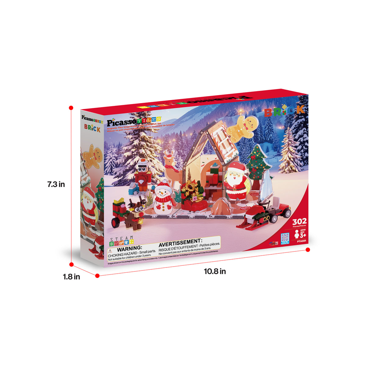 PicassoTiles 302-piece Christmas set packaging box with dimensions (7.3 in x 10.8 in x 1.8 in).