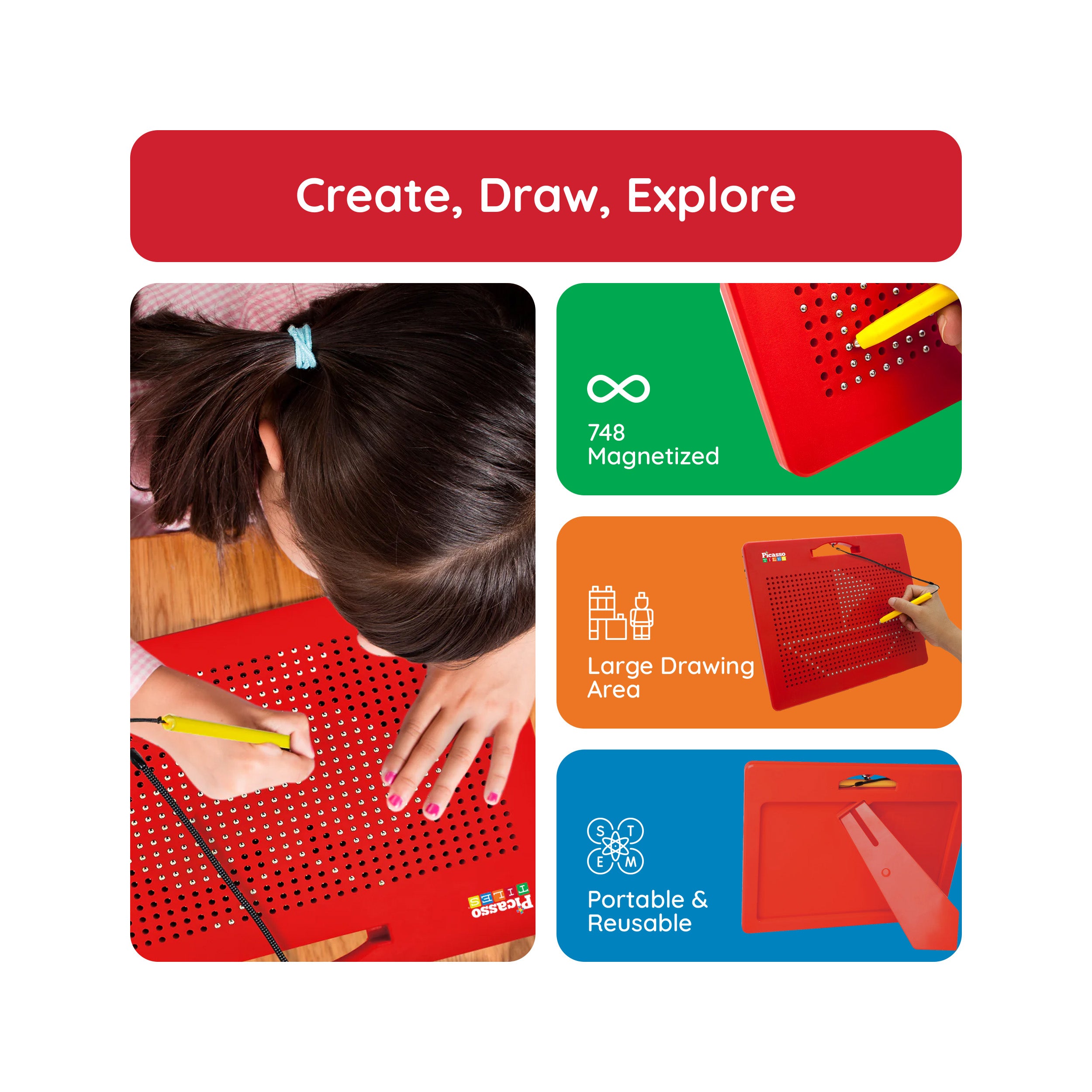 PicassoTiles Large 12"x10" 748pc Magnetic Bead Drawing Board