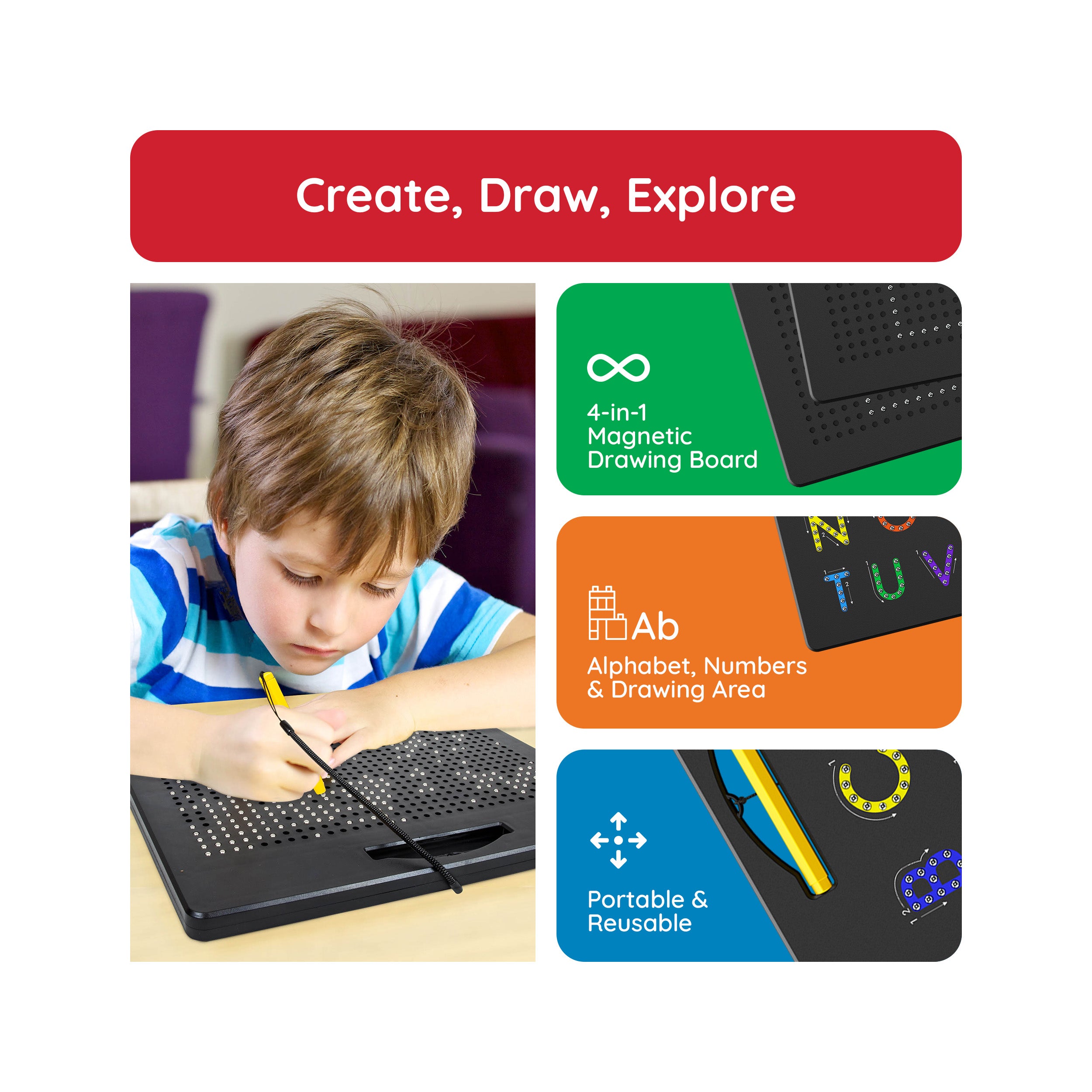 PicassoTiles 2PK 4-in-1 Large Magnetic Drawing Board: Alphabets and Numbers Tracing