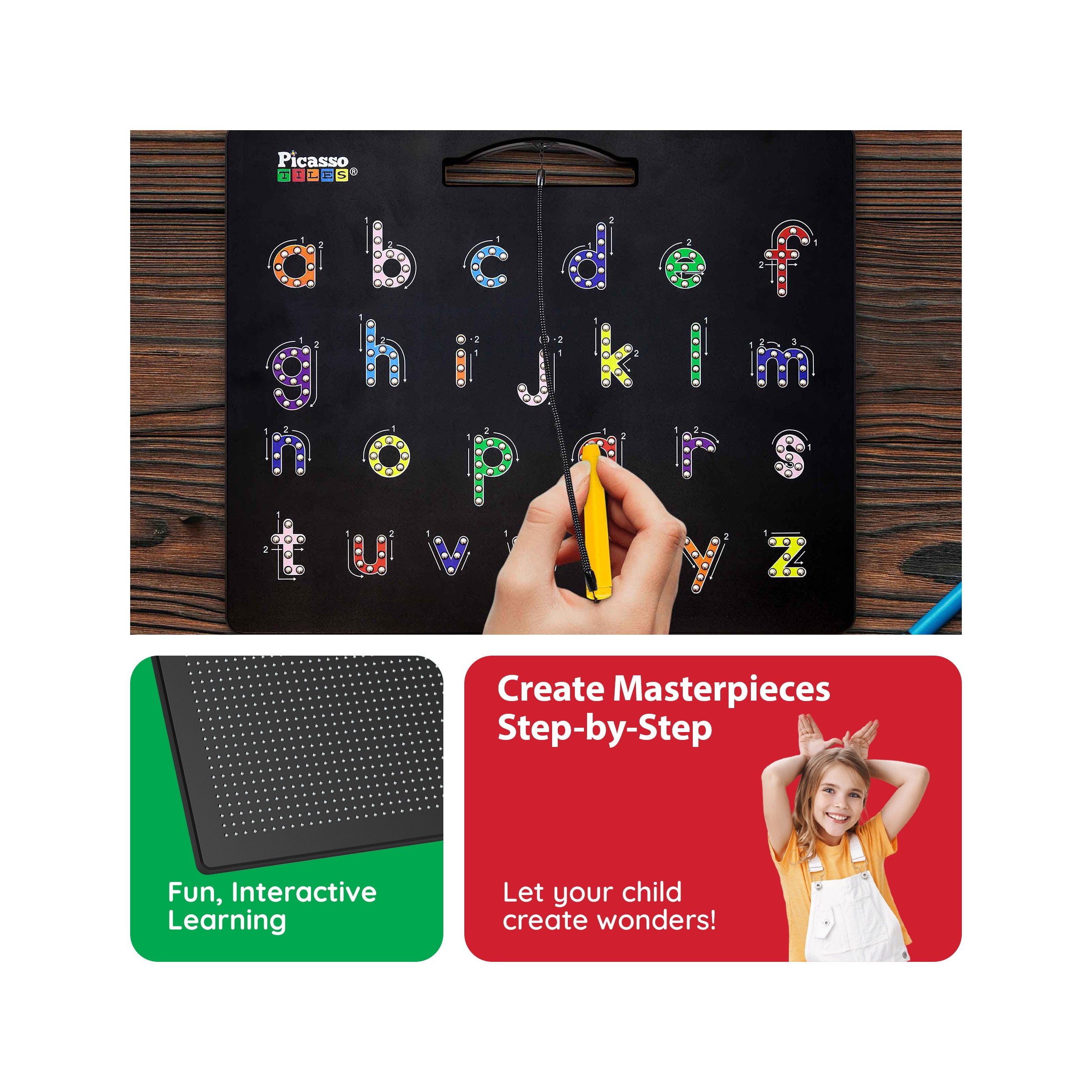 PicassoTiles 2PK 4-in-1 Large Magnetic Drawing Board: Alphabets and Numbers Tracing
