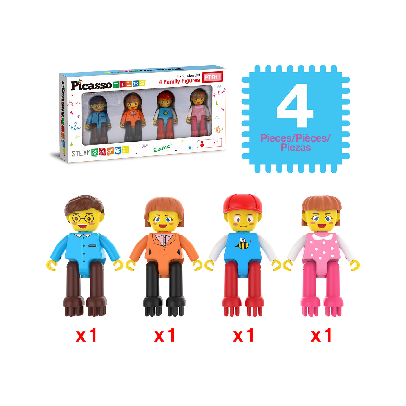 PicassoTiles BrickLock 4 Piece Family Character People Figure Building Set