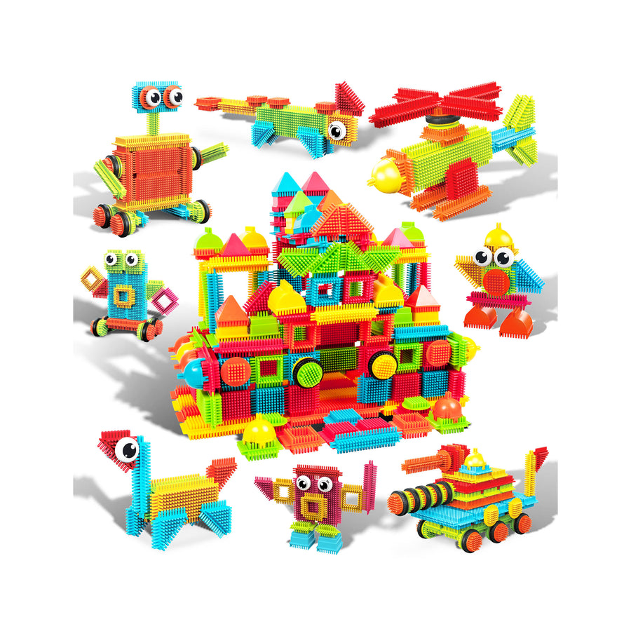 Colorful interlocking building blocks assembled into a city, vehicles, and characters with eyes, showcasing creative STEM construction play.