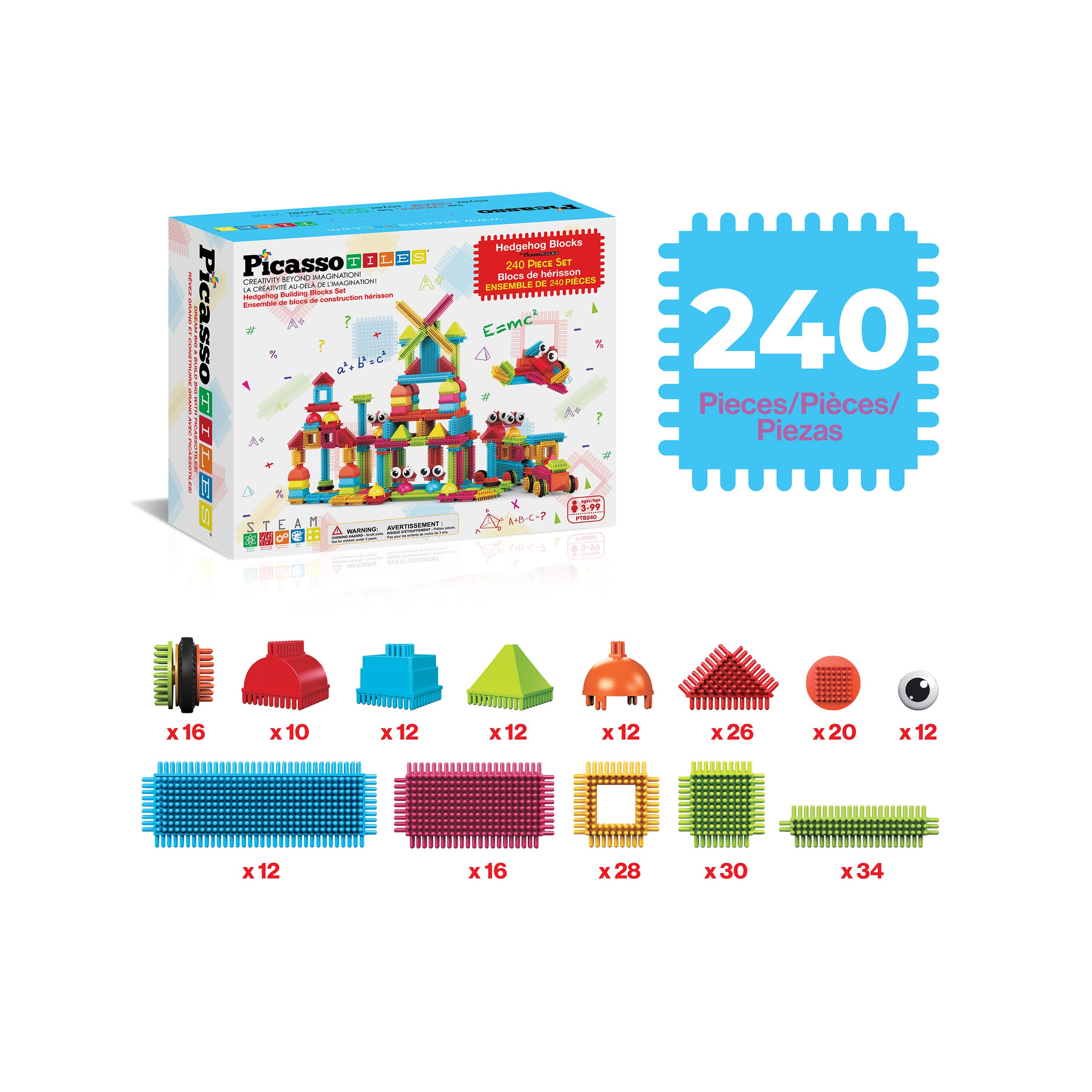 PicassoTiles 240pc Hedgehog Building Blocks w/ Idea Booklet