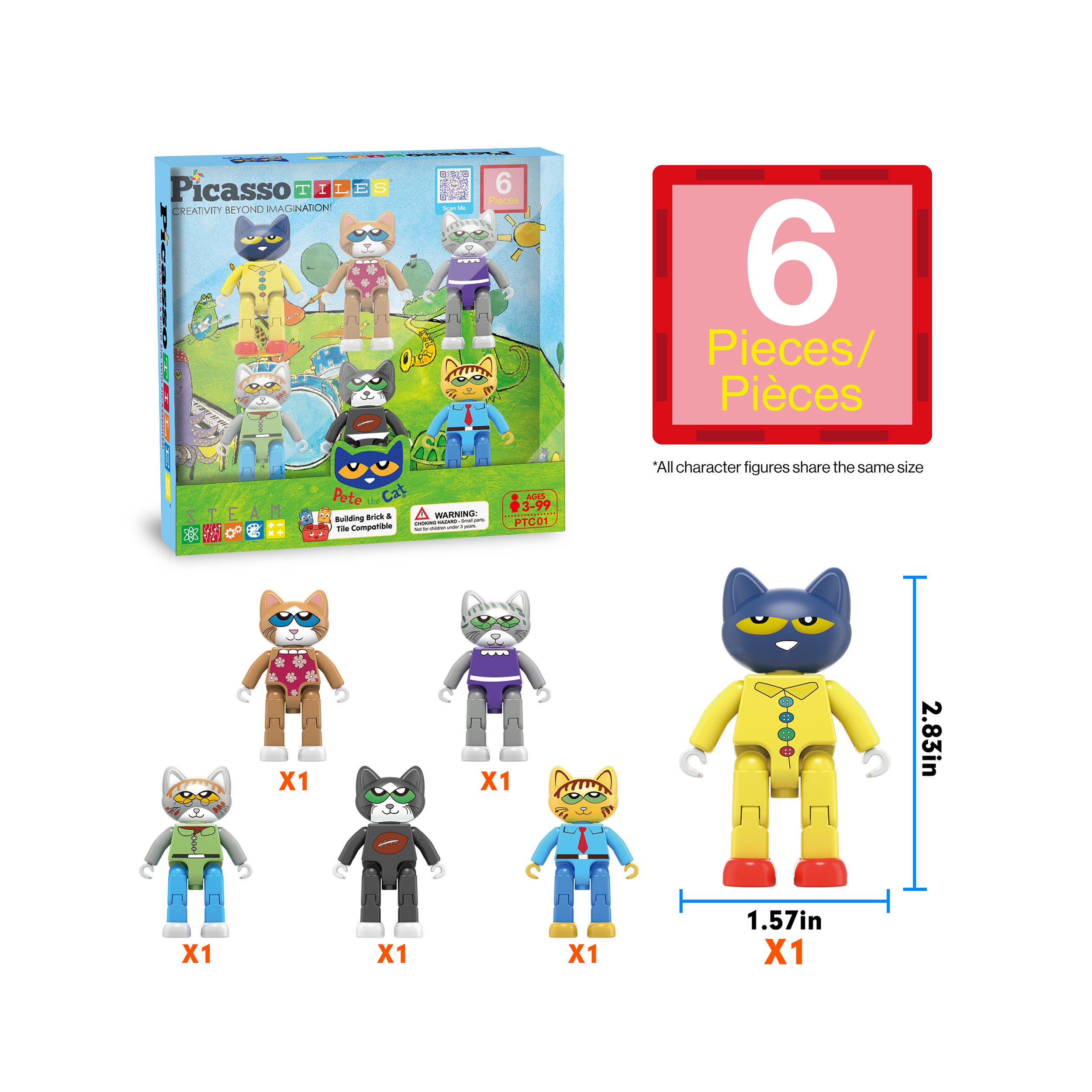 PicassoTiles Pete The Cat Magnetic Characters - 6 Pieces