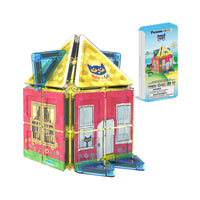 PicassoTiles Pete the Cat magnetic tile house build shown with its tin box packaging.   