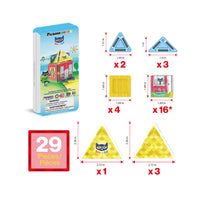 PicassoTiles 29-piece Pete the Cat magnetic set breakdown showing tin box, tile counts, and piece dimensions.   