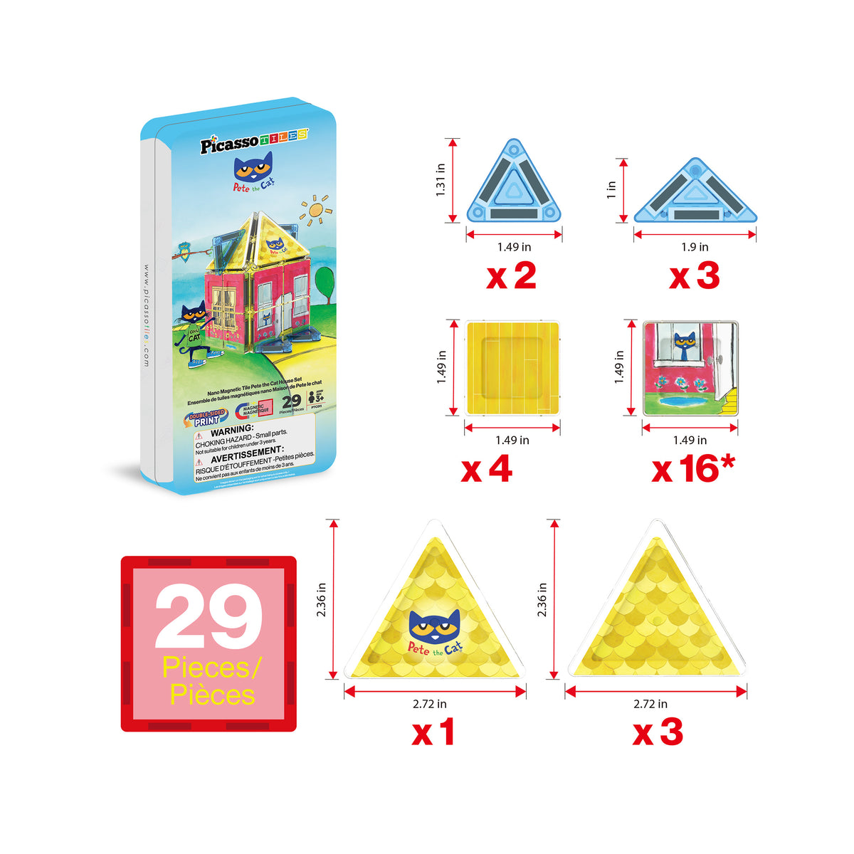 PicassoTiles 29-piece Pete the Cat magnetic set breakdown showing tin box, tile counts, and piece dimensions.   