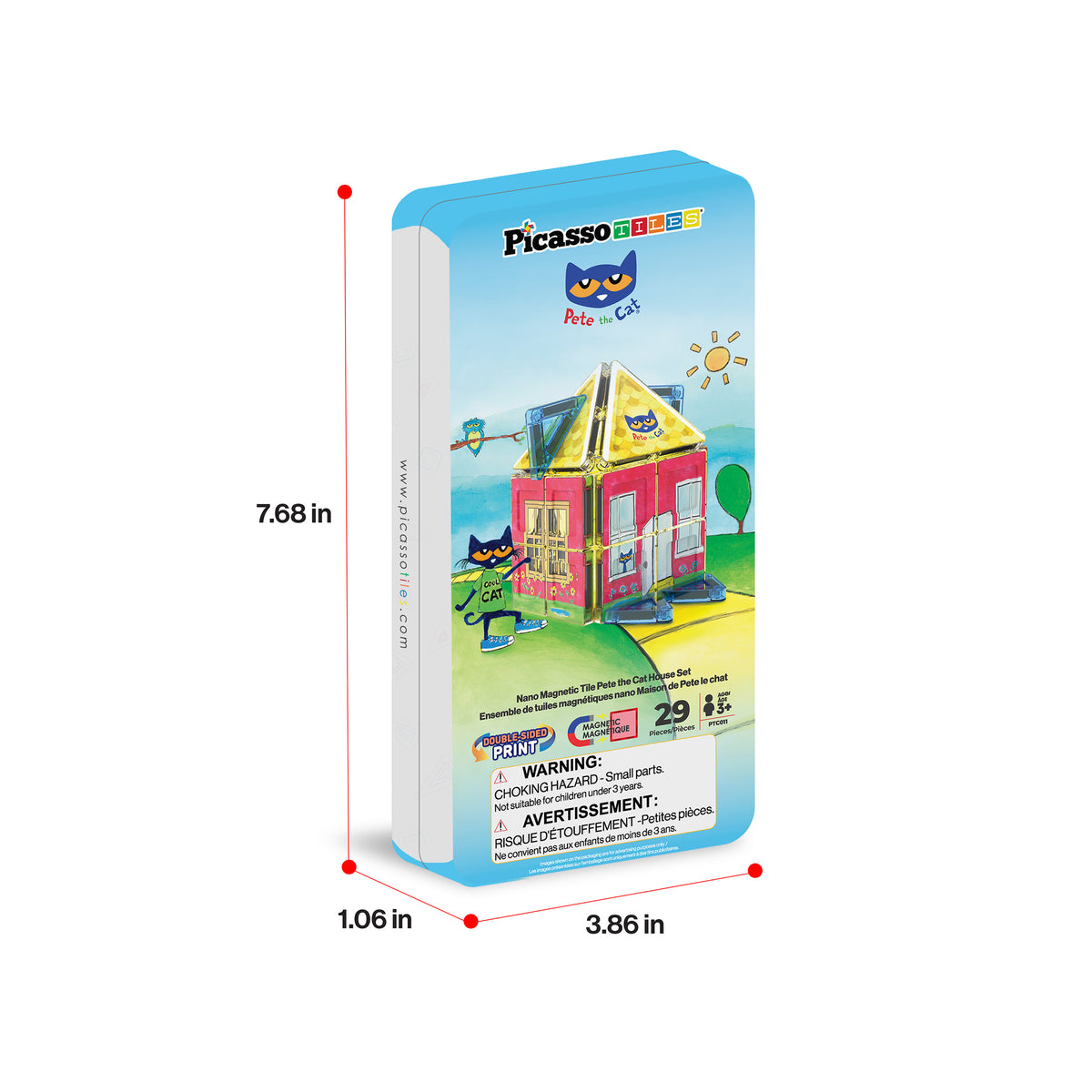 PicassoTiles 29-piece Pete the Cat nano tiles tin box packaging with dimensions (3.86 in x 7.68 in x 1.06 in).   