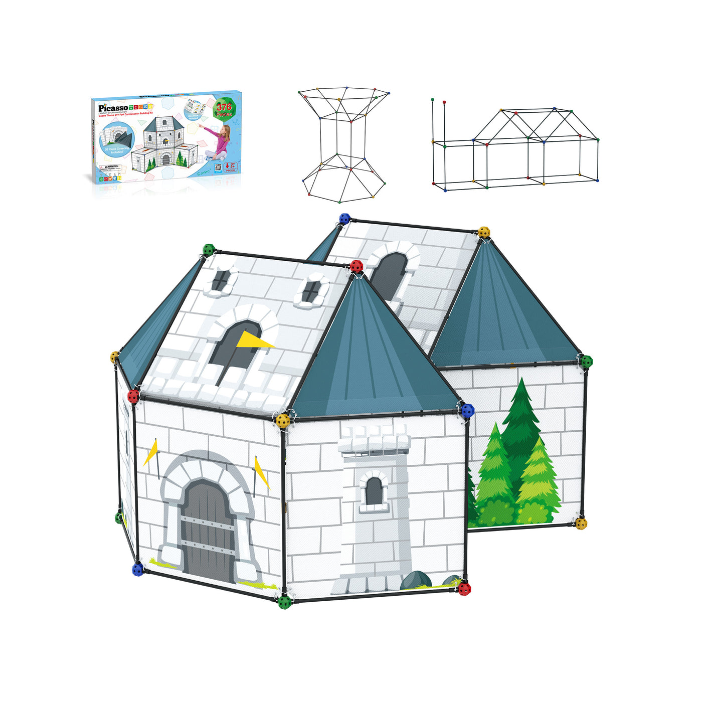 tent building kit PicassoTiles 376PCS Fort Building Kit, STEM Educational DIY Indoor & Outdoor Construction Play Toy, Castles, Tents, Playhouse for Toddler Kids