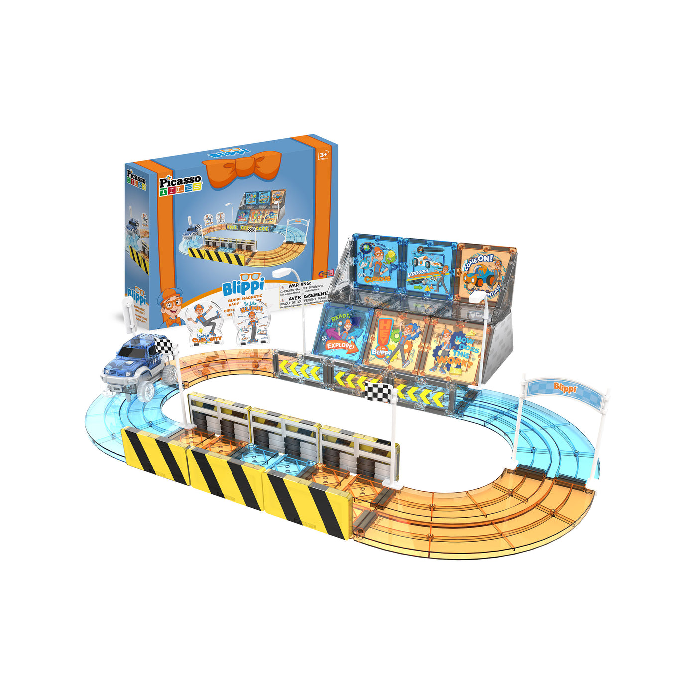 PicassoTiles race track magnetic tile playset with toy car, grandstand, and packaging box isolated on white.