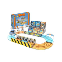 PicassoTiles race track magnetic tile playset with toy car, grandstand, and packaging box isolated on white.