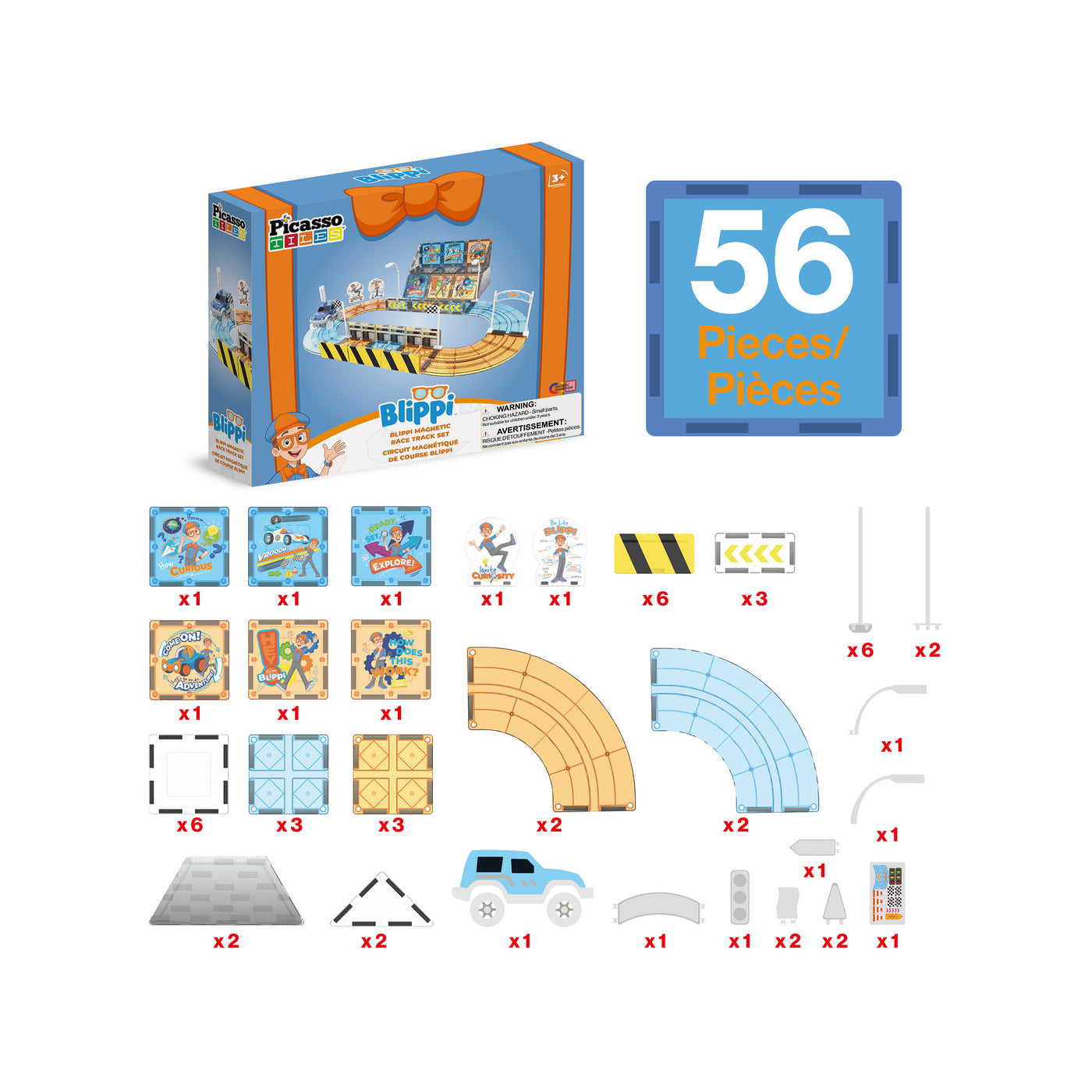 PicassoTiles Blippi 56-piece race track set parts breakdown chart with product box isolated on white.