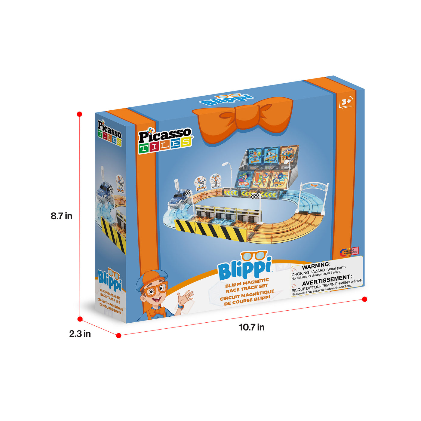 PicassoTiles Blippi race track set box with product dimensions (8.7 in x 10.7 in x 2.3 in) isolated on white.