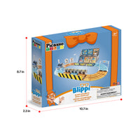 PicassoTiles Blippi race track set box with product dimensions (8.7 in x 10.7 in x 2.3 in) isolated on white.
