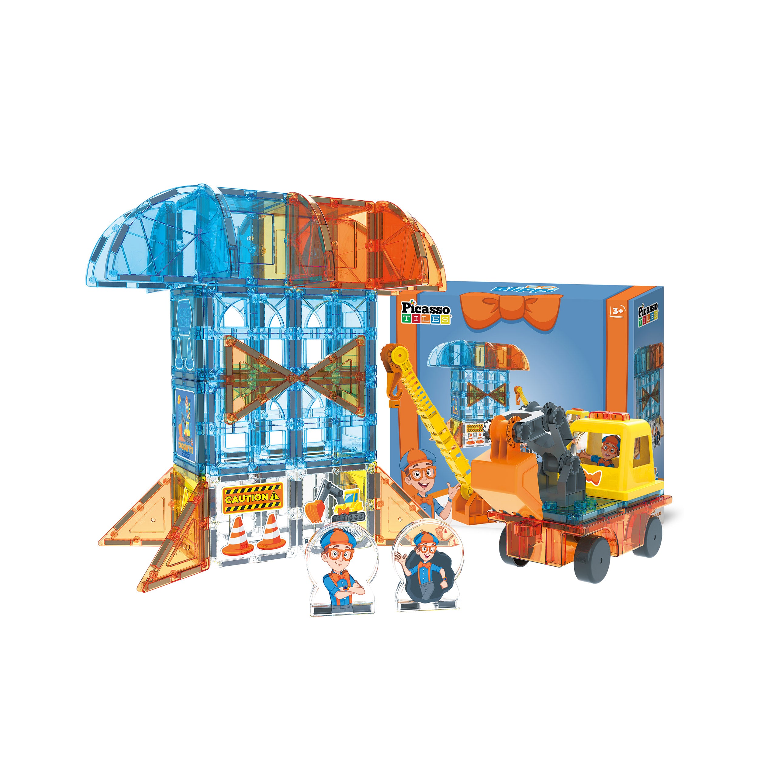 PicassoTiles Blippi construction set with tower, crane excavator vehicle, standees, and box isolated on white.