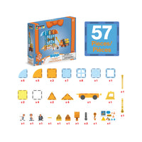 PicassoTiles Blippi 57-piece construction set parts breakdown chart with product box isolated on white.
